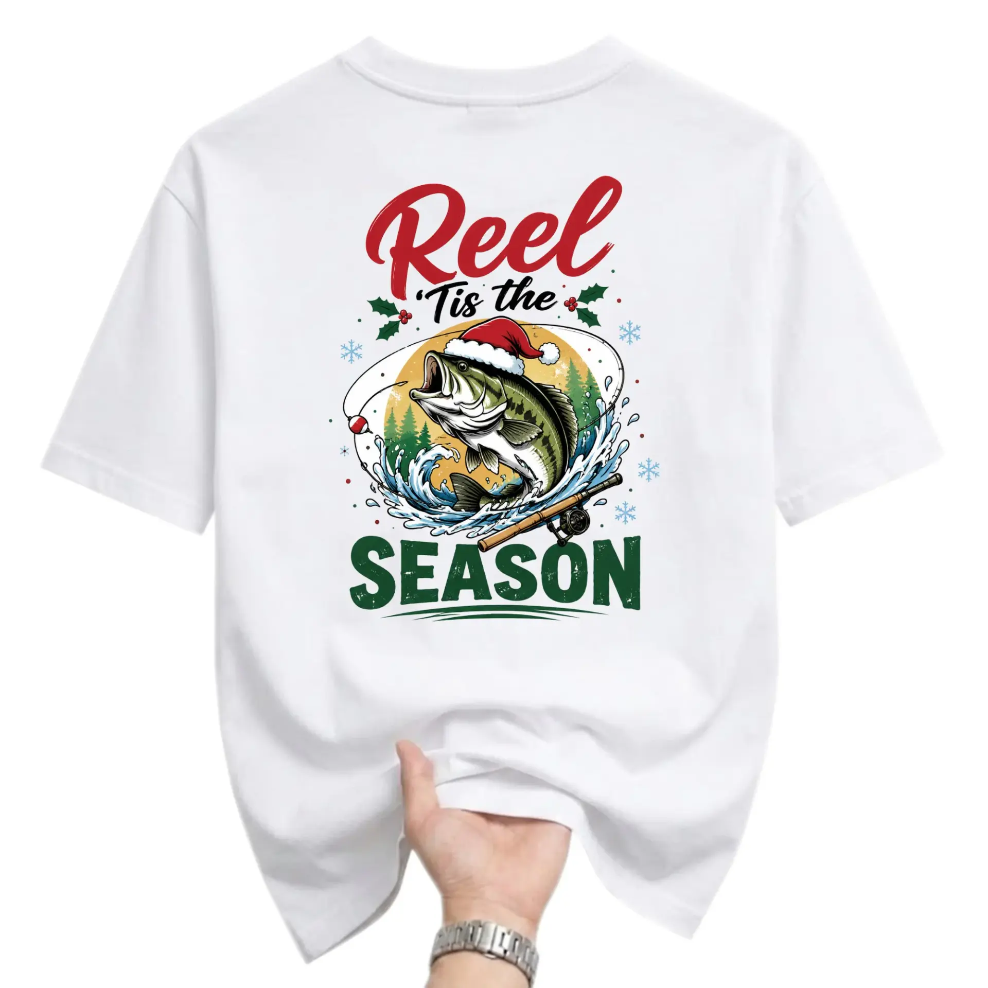 Funny Shirt Reel Tis the Season Fishing Graphic Tee Holiday Theme Unisex Casual Crew Neck Comfortable Cotton Top