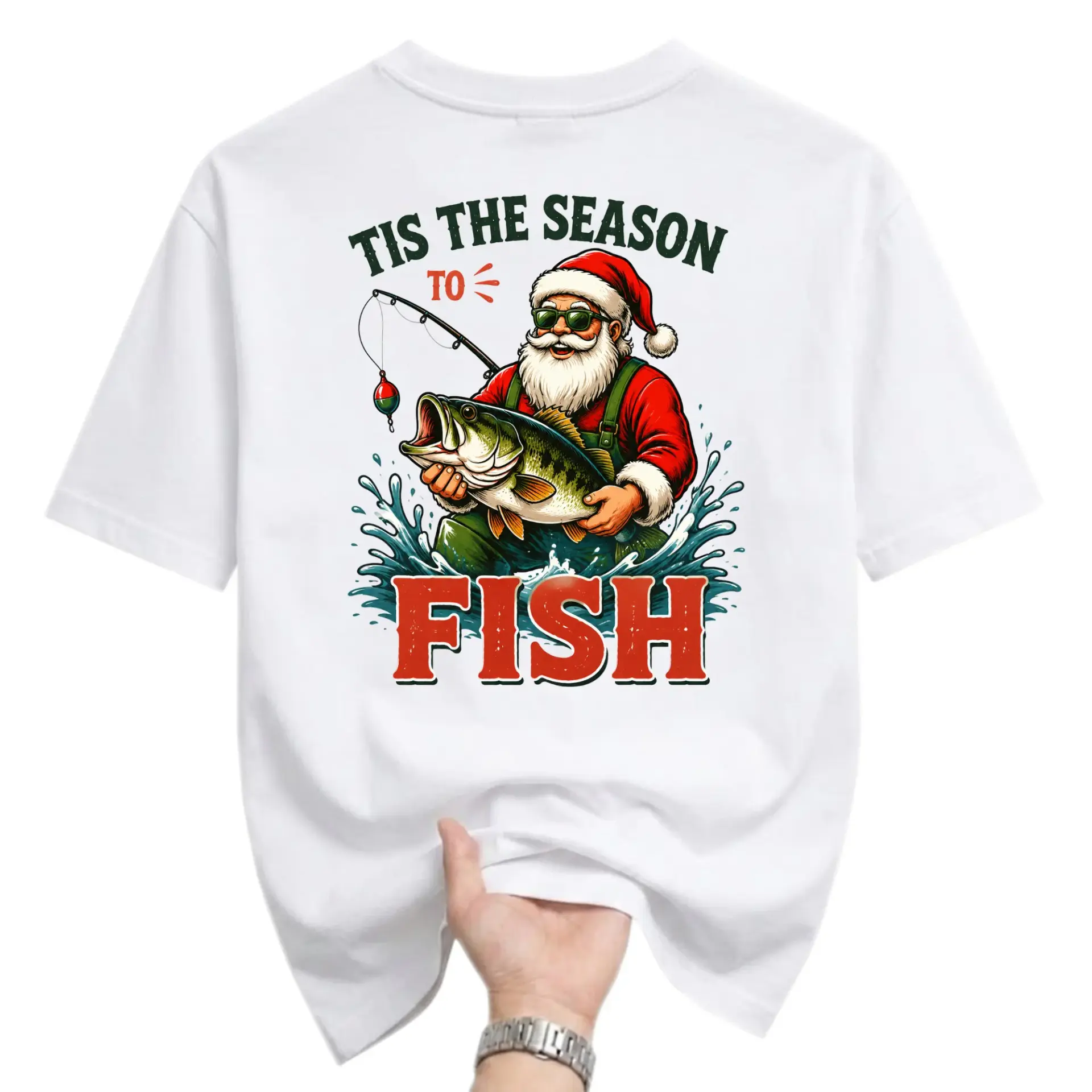 Funny Shirt Tis the Season to Fish Christmas Santa Graphic Tee Unisex Crew