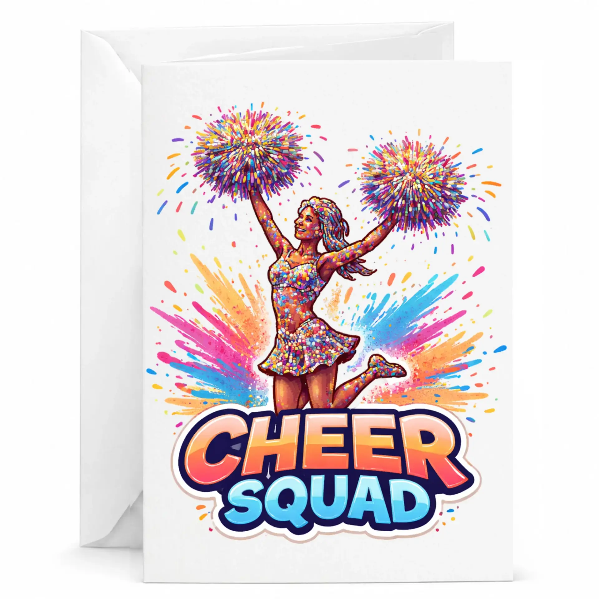 Cheer Squad Greeting Card Colorful Cheerleader Design with Pom Poms for Celebratory Messages and Appreciation