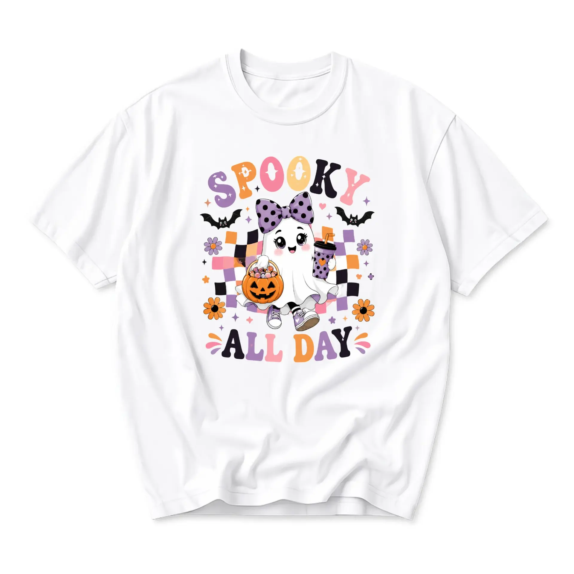 Funny Shirt Spooky All Day Graphic Tee Cute Ghost Illustration Seasonal Print Unisex Casual Crew Neck Apparel