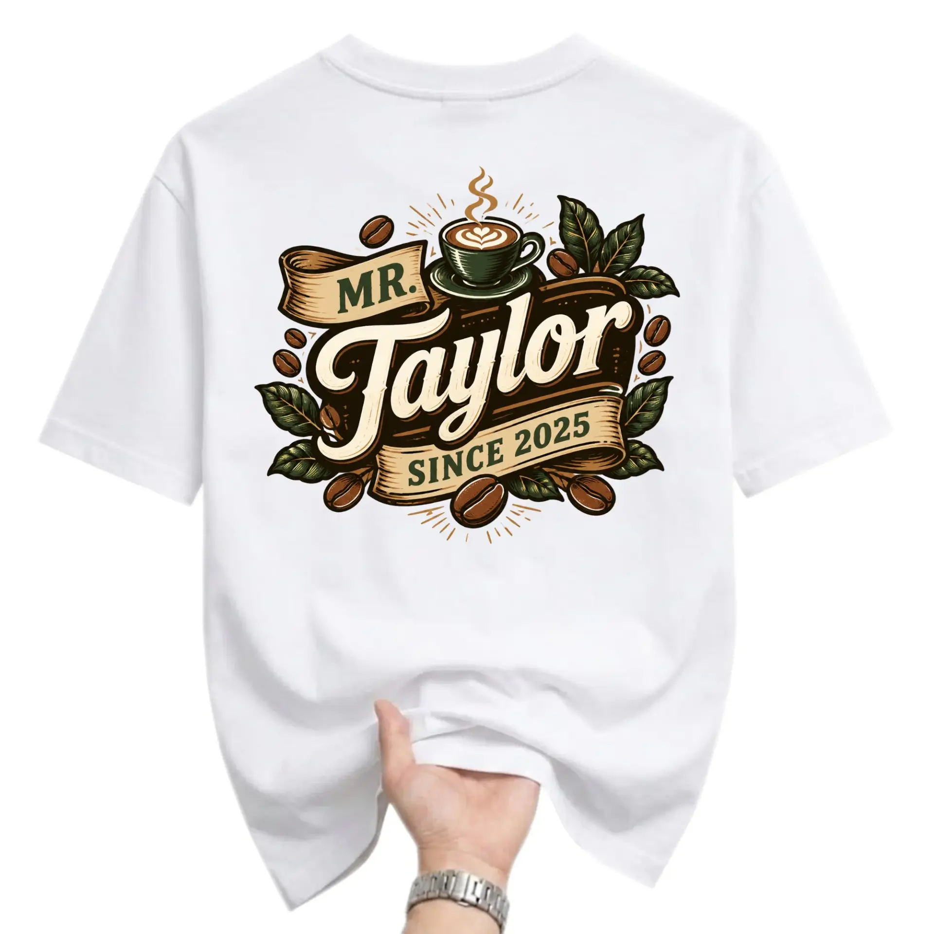 Graphic Tee Unisex Casual Crew Neck T-Shirt Featuring Coffee Themed Mr Taylor Since 2025 Artistic Print Design