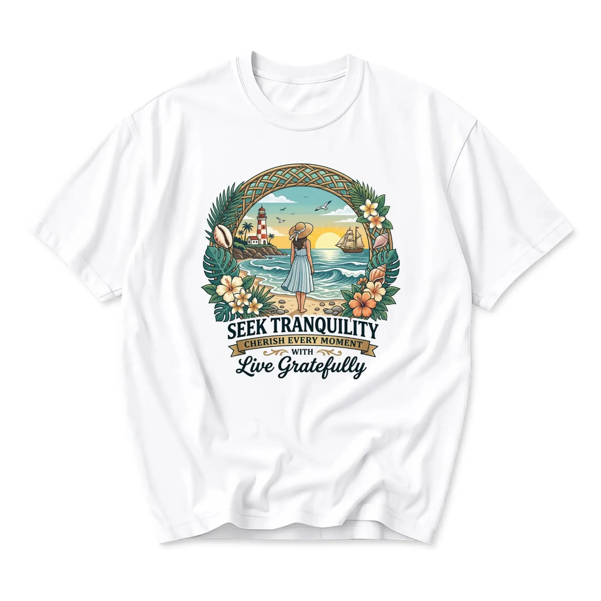Graphic Tee Seek Tranquility Beach Illustration Unisex Crew Neck Short Sleeve Shirt for Casual Daily Wear