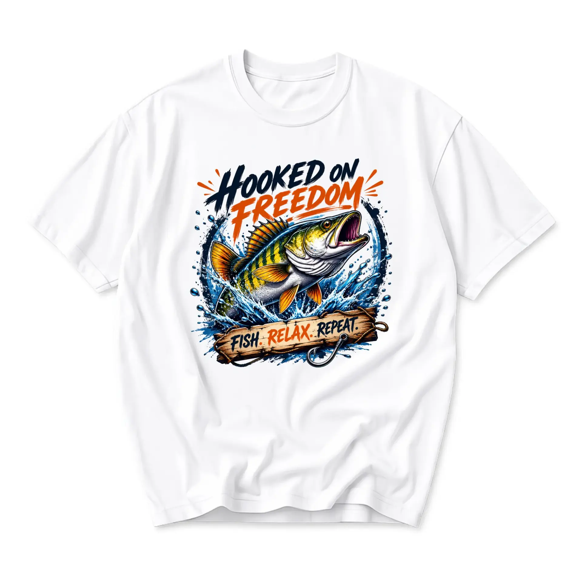 Graphic Tee Hooked on Freedom Fishing Shirt Casual Unisex Apparel for Outdoor Enthusiasts and Nature Lovers White