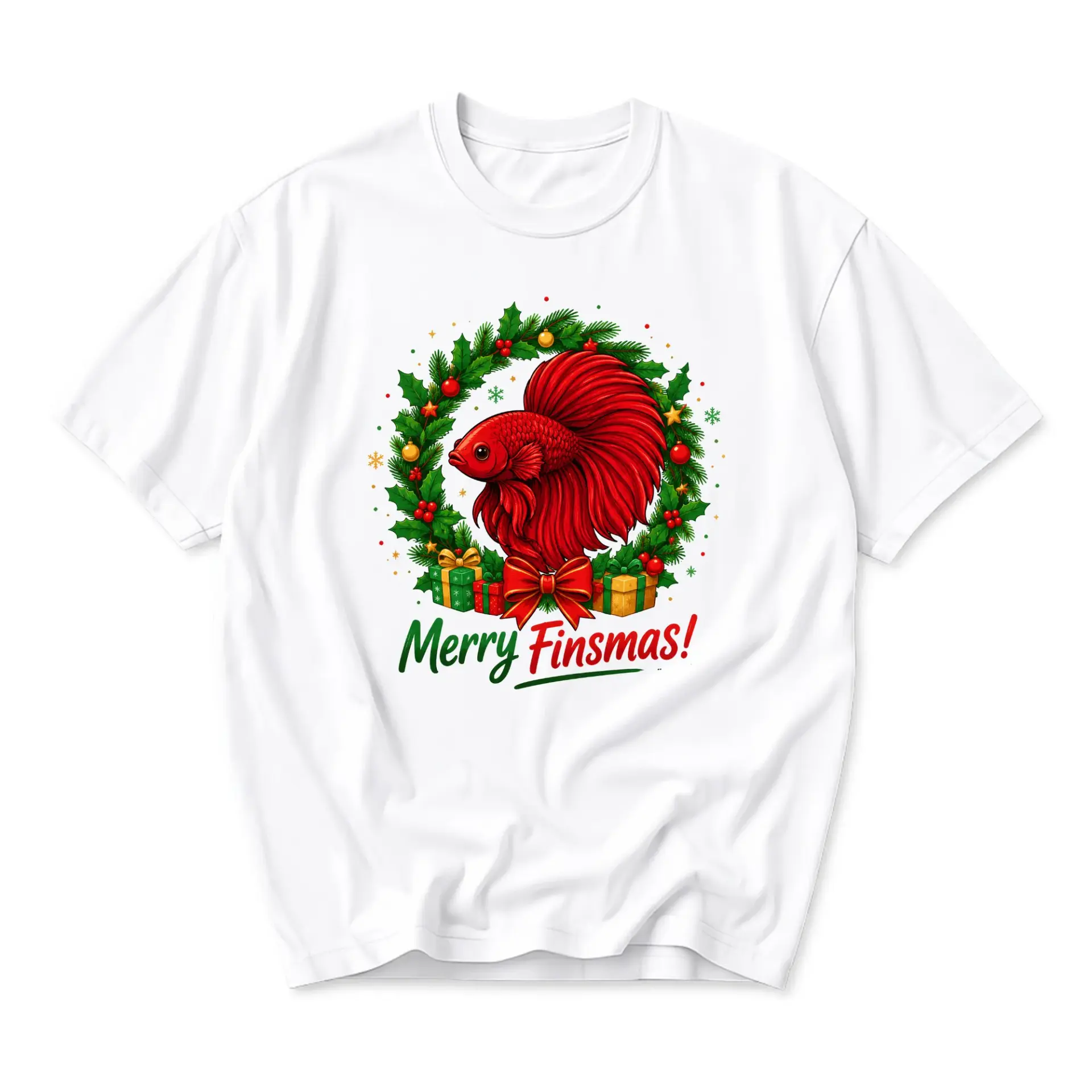 Funny Shirt Merry Finsmas Betta Fish Graphic Tee Unisex Holiday Crew Neck Casual Cotton Blend Short Sleeve Apparel