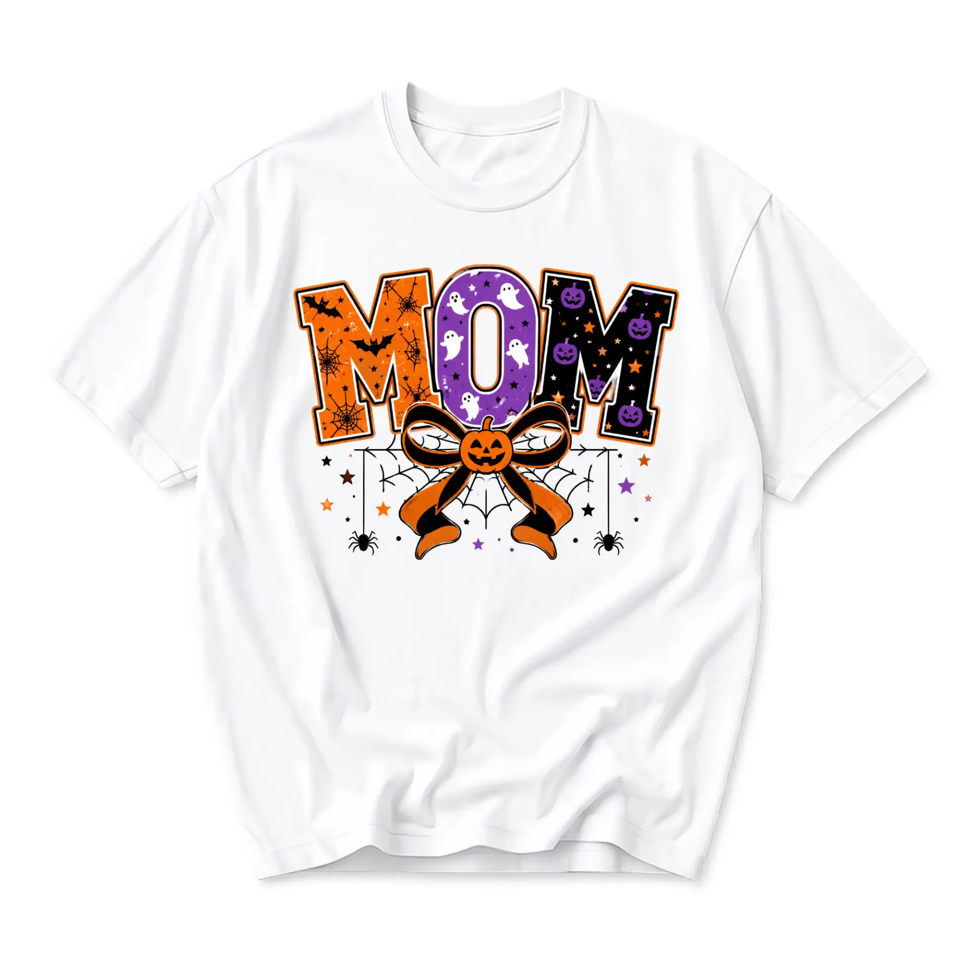 Graphic Tee Halloween Mom Shirt Spooky Seasonal Pumpkin Bow Design Unisex Crew Neck Everyday Casual Apparel White