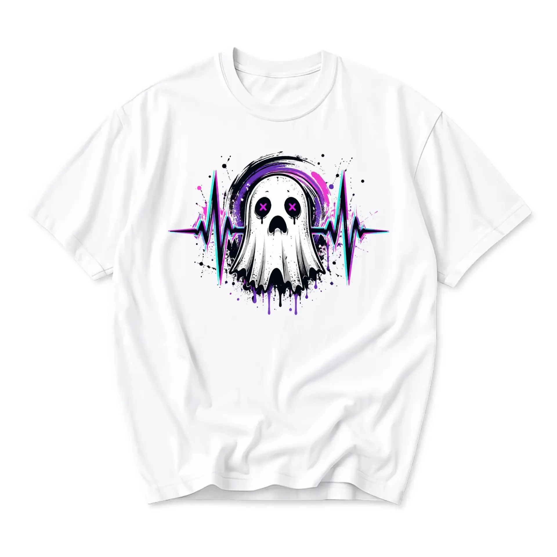 Graphic Tee Unisex Casual Crew Neck T-Shirt Featuring Spooky Ekg Heartbeat Ghost Design Apparel for Everyday Wear