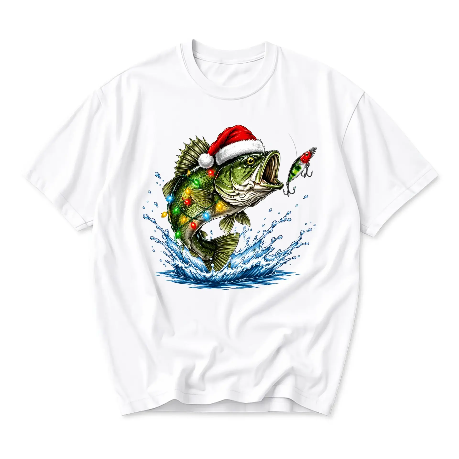 Graphic Tee Unisex Short Sleeve Crew Neck Shirt Featuring a Festive Christmas Fish Design with Holiday Lights