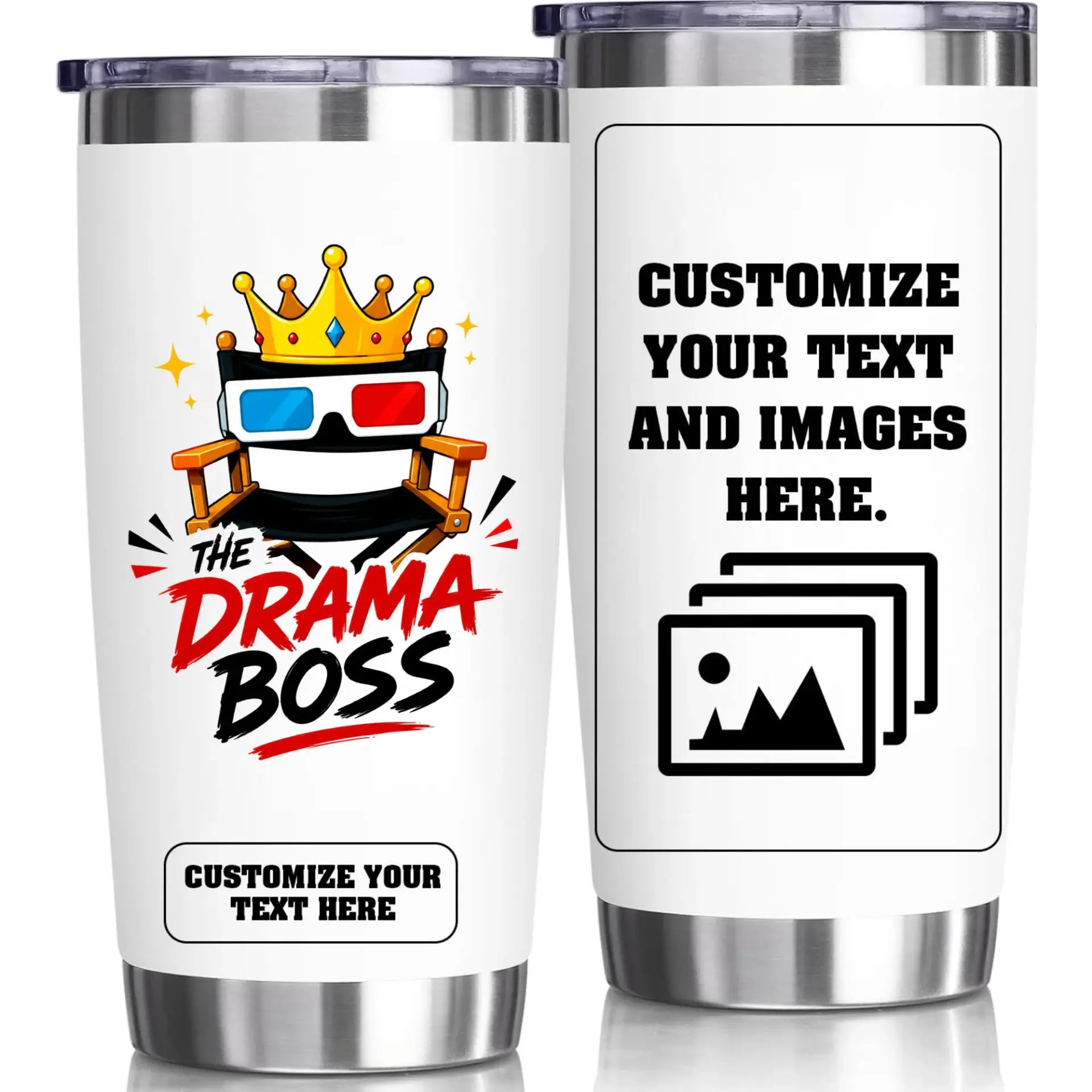 Stainless Steel Tumbler the Drama Boss Design 20oz Vacuum Insulated Cup with Customizable Photo and Text Area for Travel