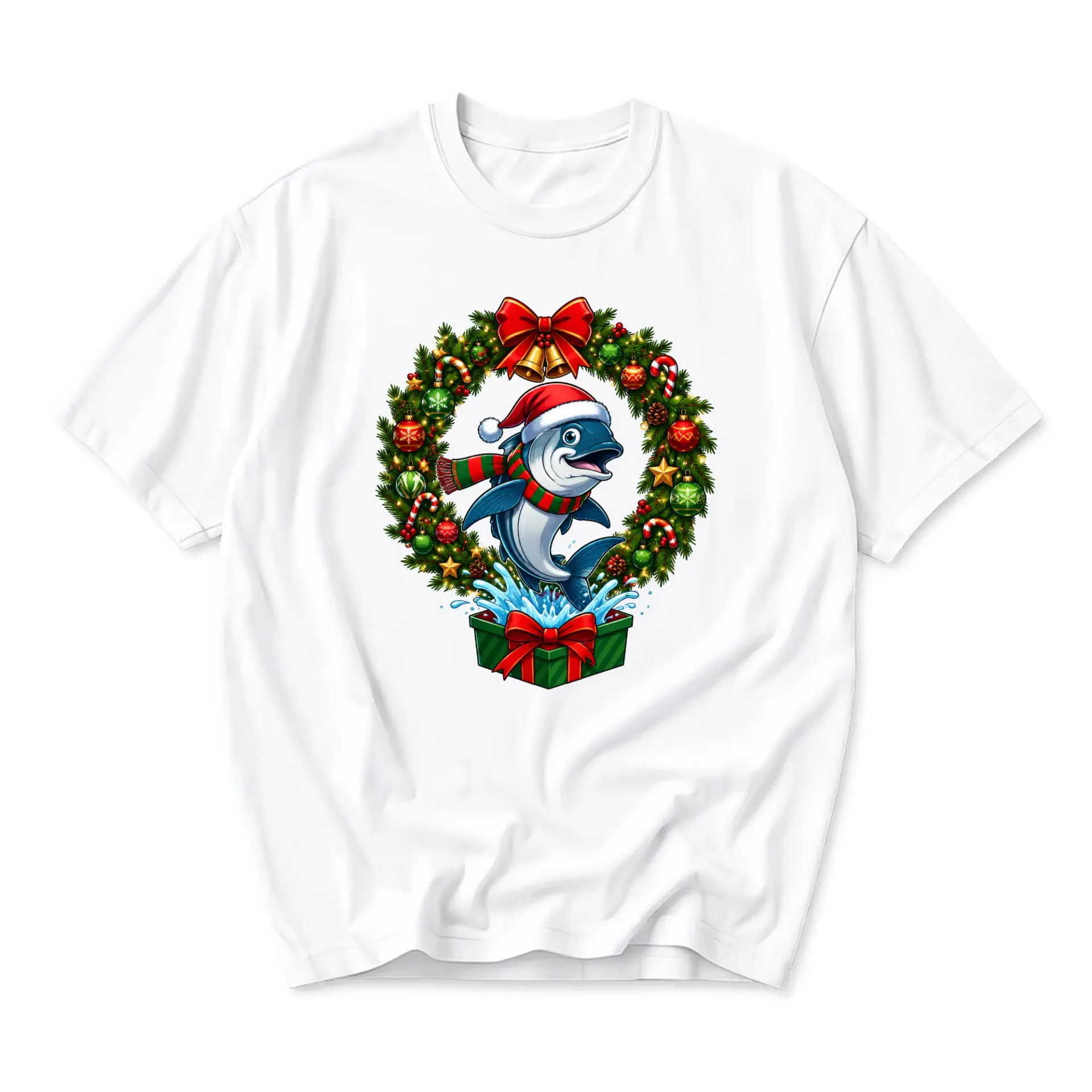 Graphic Tee Holiday Fish Jumping Out of Gift Box Unisex Crew Neck Short Sleeve Soft Cotton Blend Casual Summer Shirt