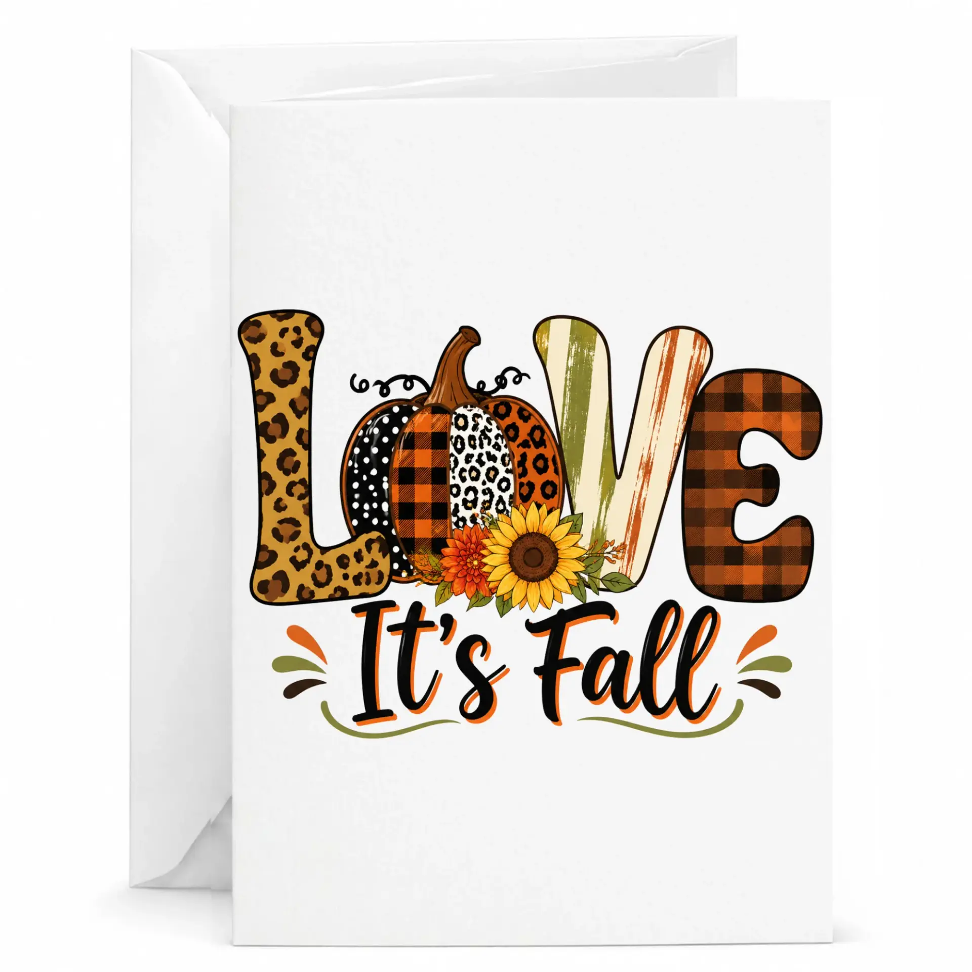 Greeting Card Love Its Fall Pumpkin Sunflower Design Seasonal Autumn Pattern Decorative Stationary for Holiday Greetings