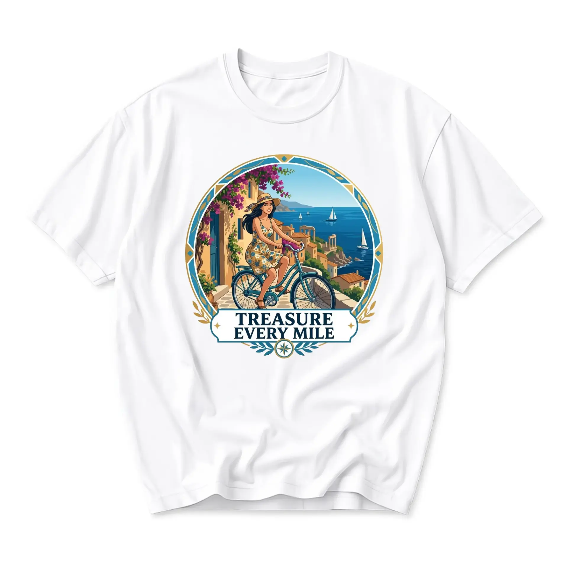 Graphic Tee Treasure Every Mile Unisex T-Shirt Mediterranean Coastal Bicycle Scene Summer Vacation Travel Top