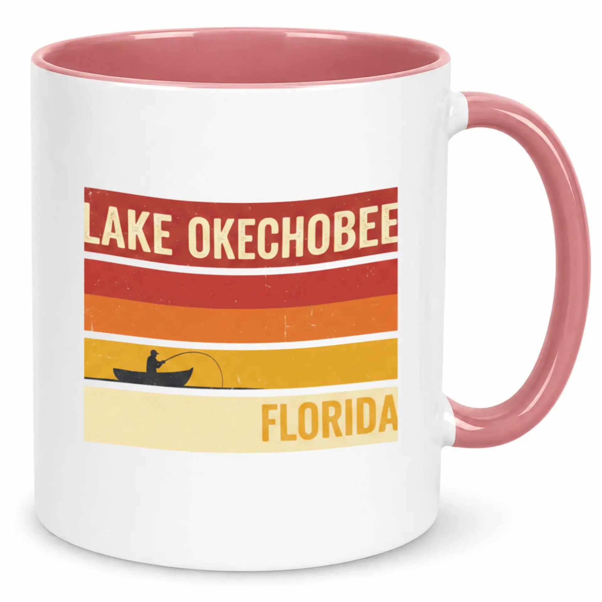 Ceramic Coffee Mug, Lake Okeechobee Florida Fishing Themed Drinkware, Retro Sunset Design for Anglers and Travel Enthusiasts, 11oz or 15oz
