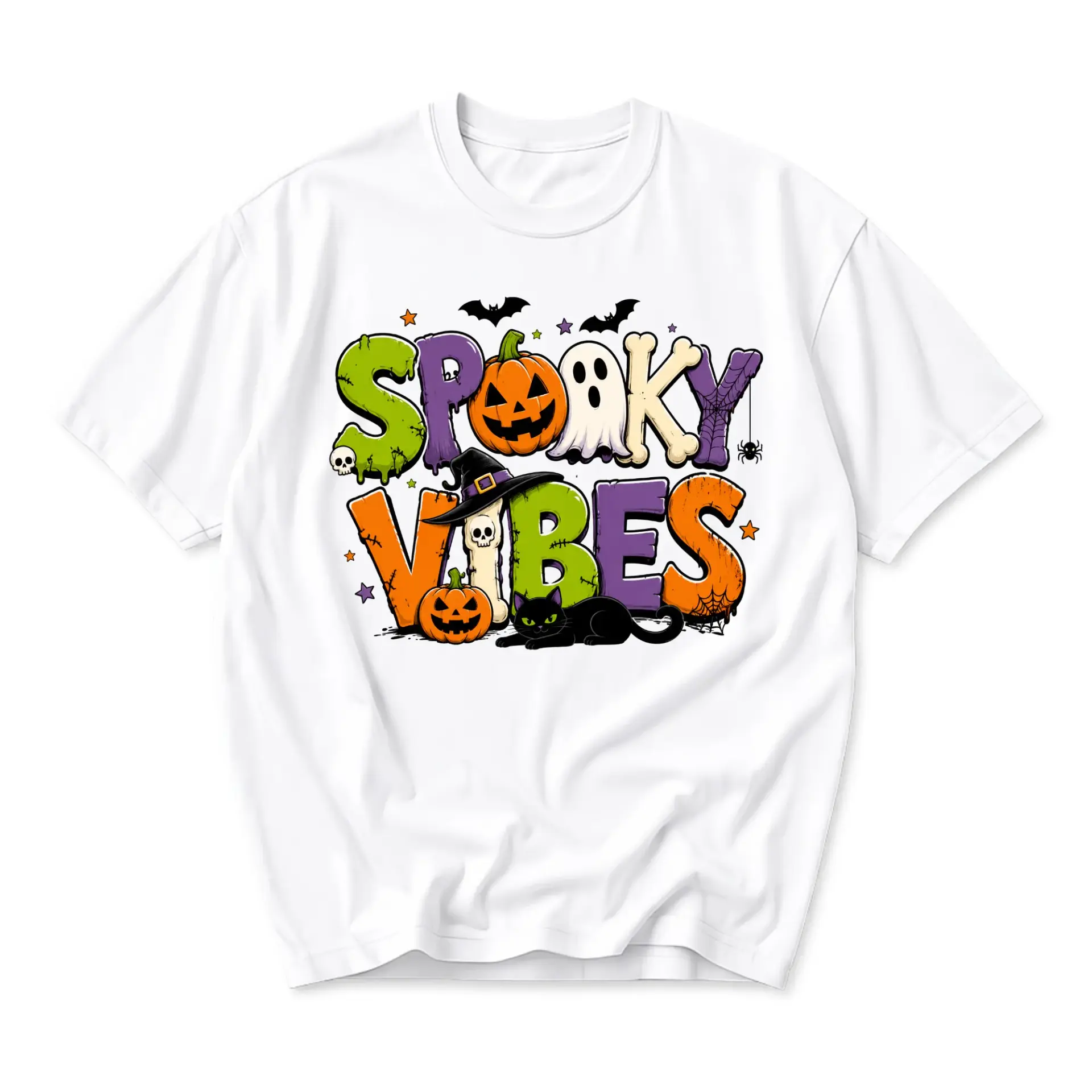 Funny Shirt Spooky Vibes Halloween Graphic Tee Unisex Crew Neck Short Sleeve Casual Cotton Blend Comfortable Top White