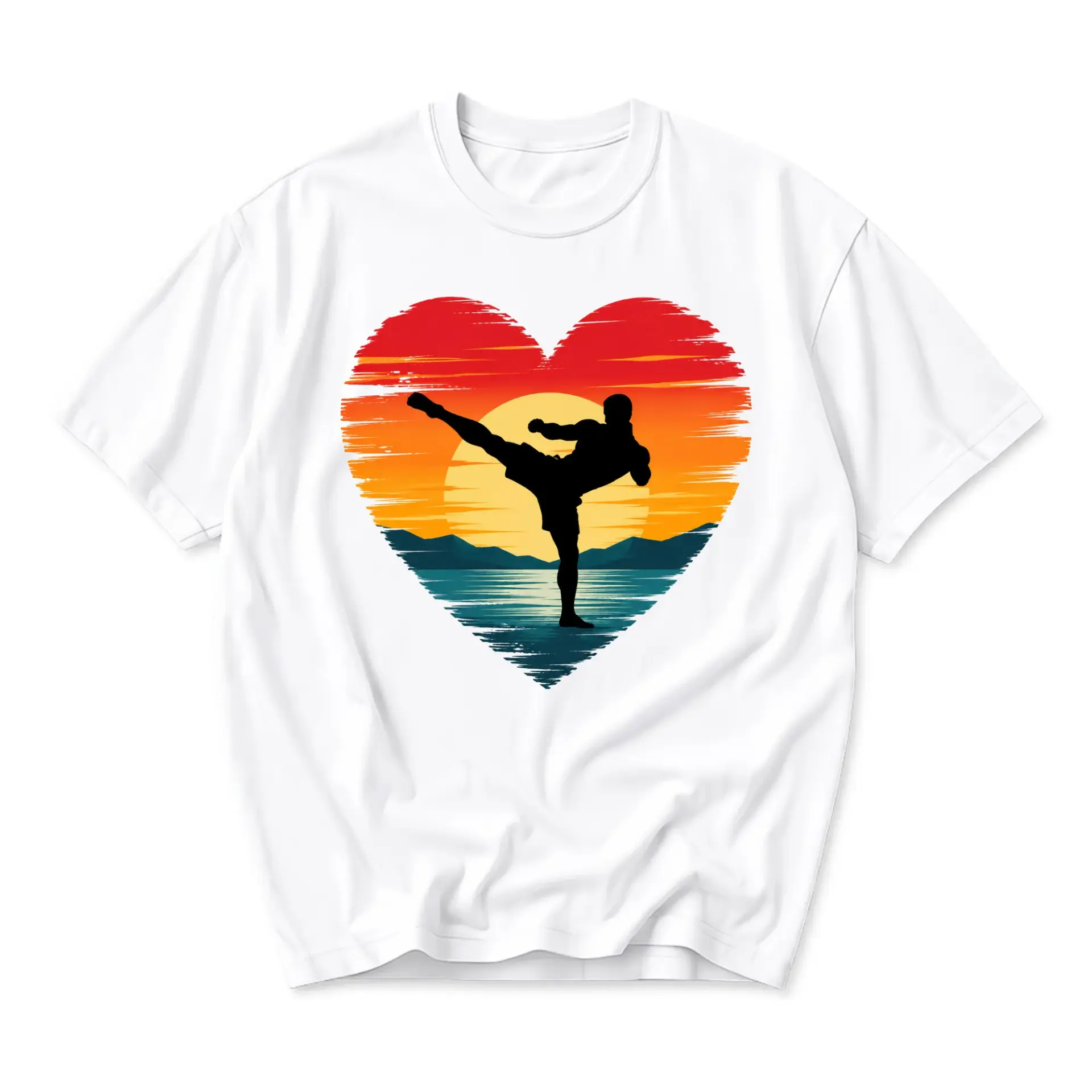 Graphic Tee Martial Arts Sunset Heart Print Unisex Cotton Crew Neck Short Sleeve Casual Everyday Sporty Shirt