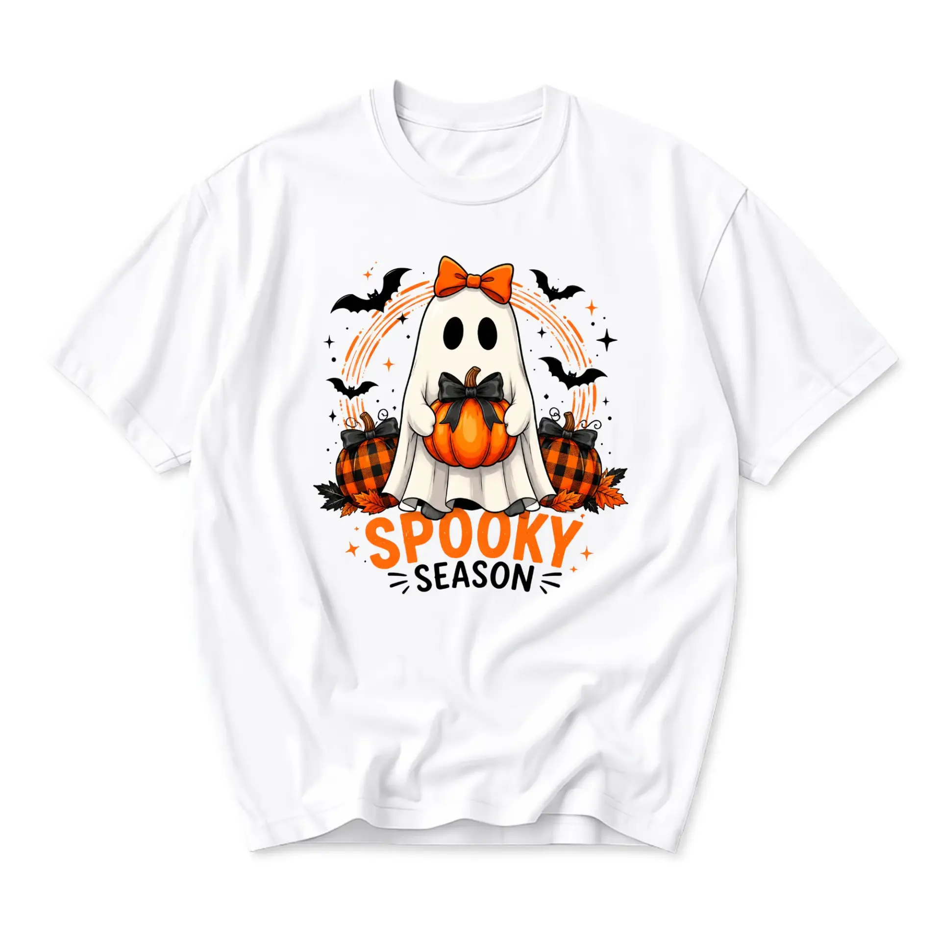 Graphic Tee Spooky Season Ghost Pumpkin Halloween Print Unisex Casual Crew Neck T-Shirt Soft Cotton Blend Top for Adults