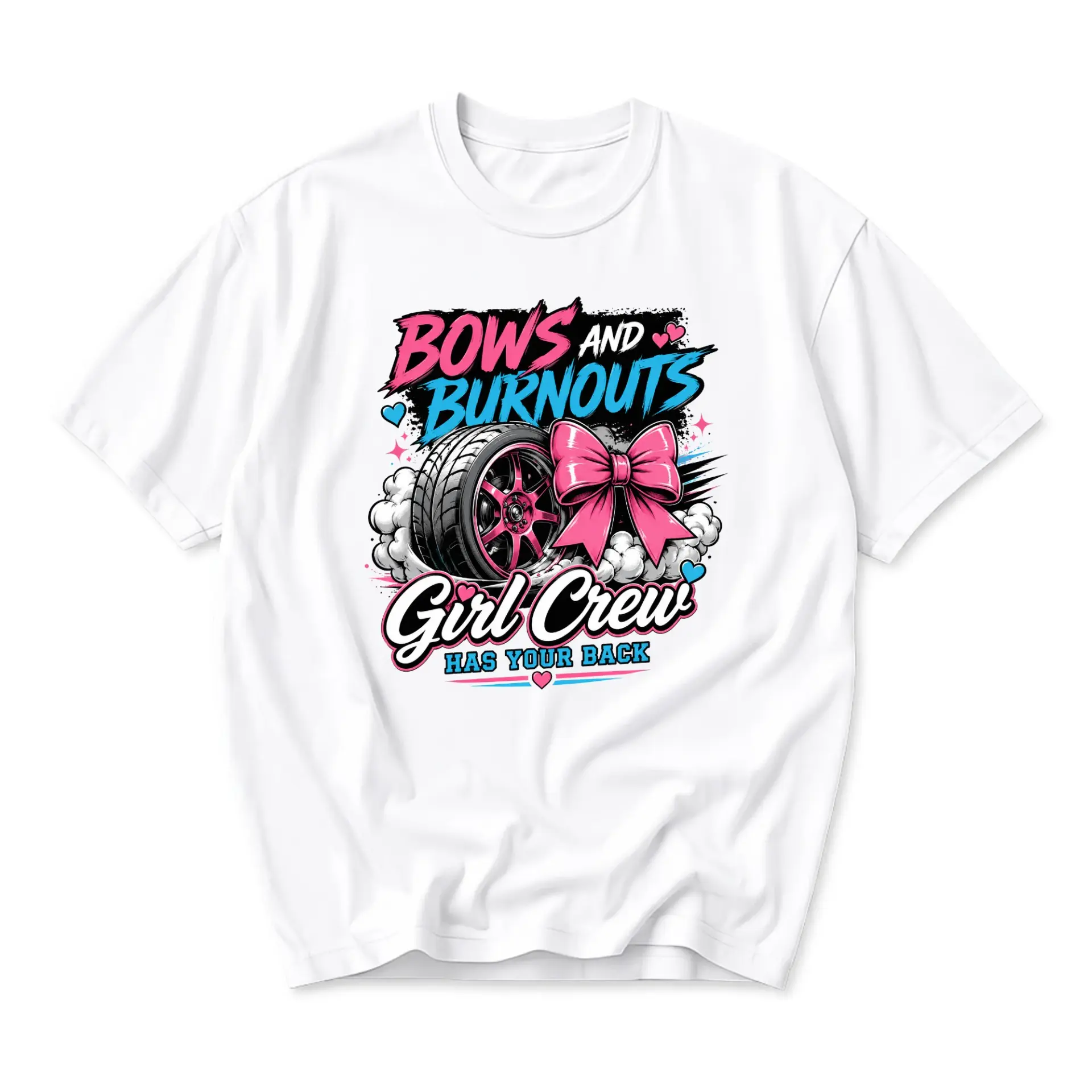 Graphic Tee Bows and Burnouts Girl Crew Automotive Theme Short Sleeve Unisex Crew Neck Casual Everyday Shirt White