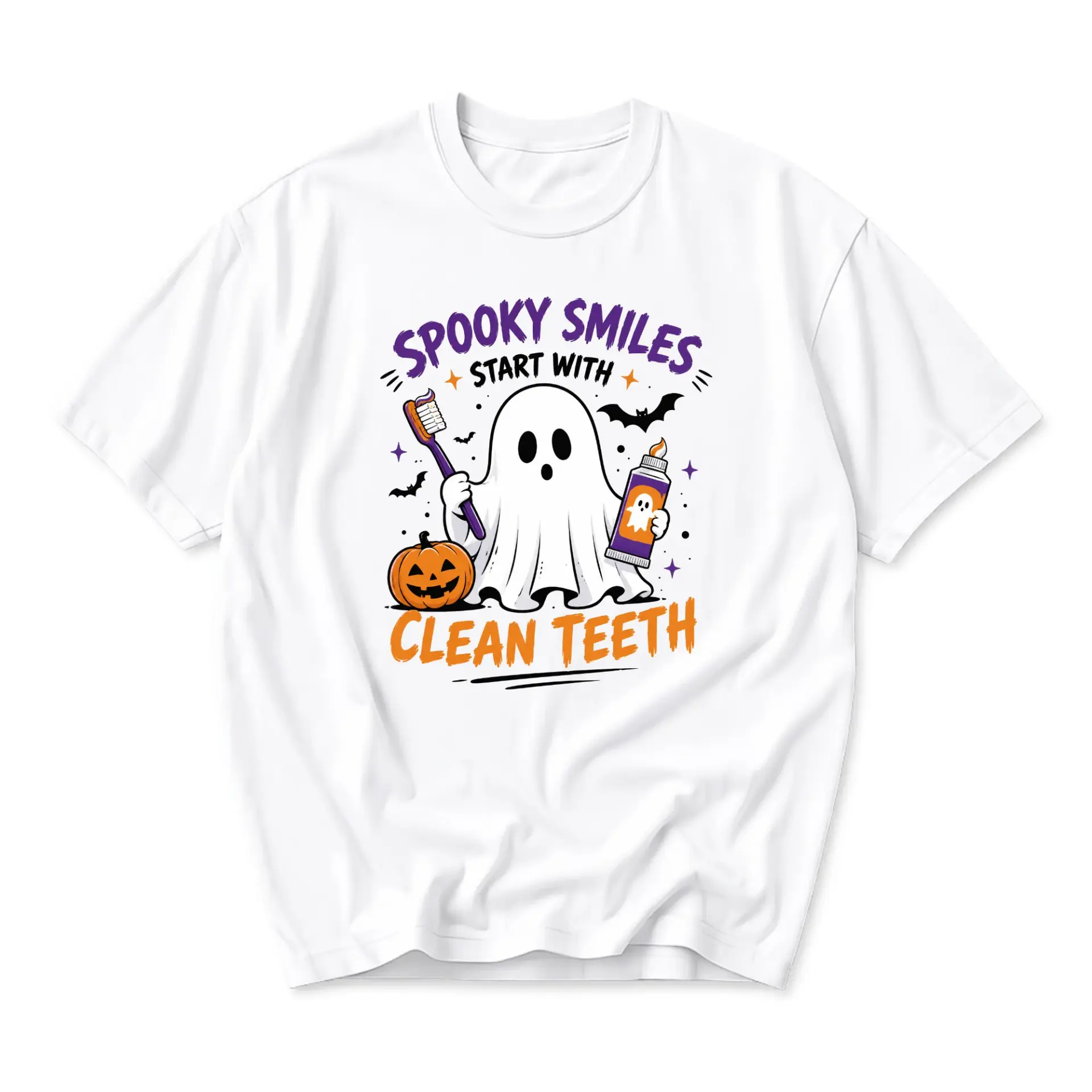 Funny Shirt Spooky Smiles Start with Clean Teeth Ghost Graphic Tee Unisex Crew Neck Casual Everyday Holiday Outfit