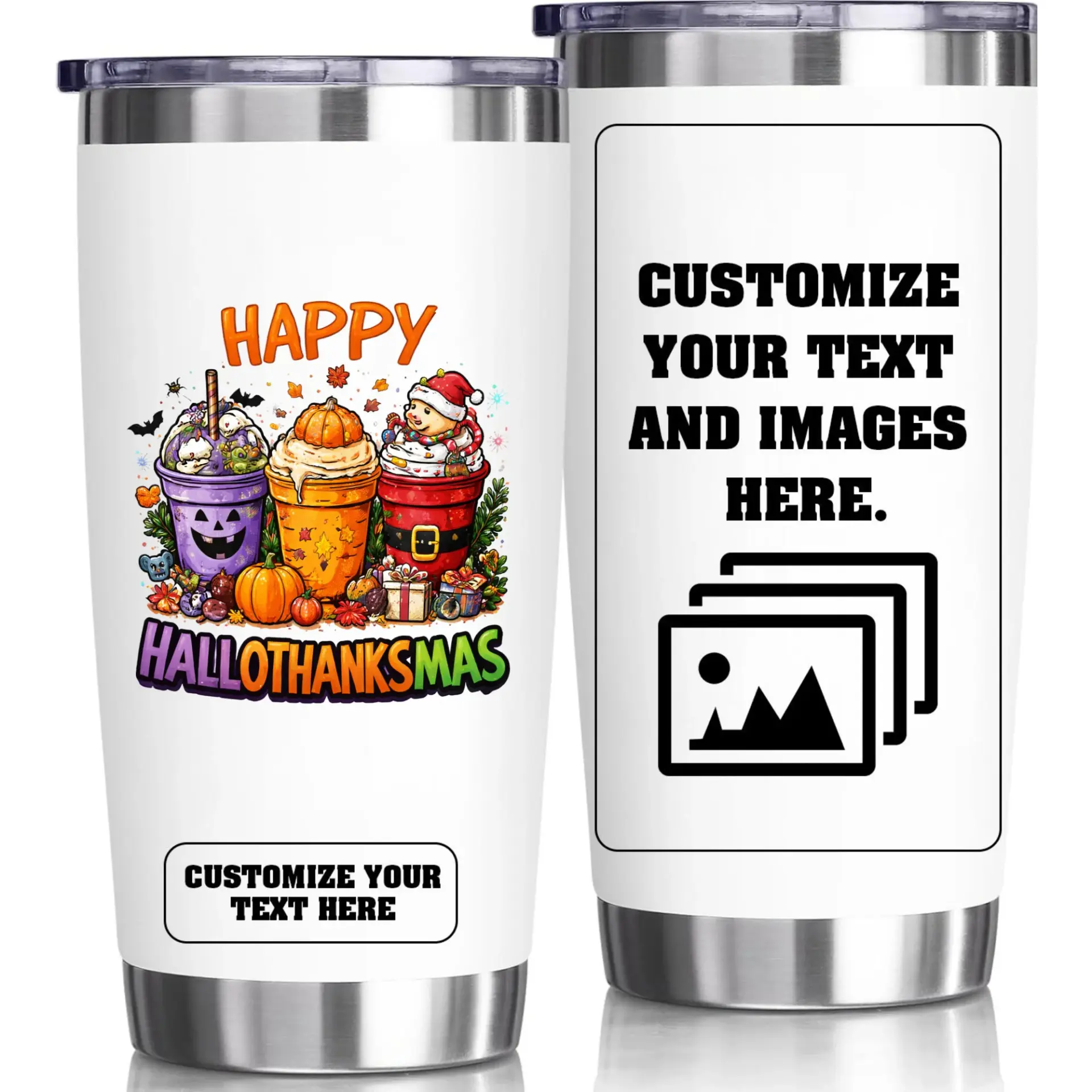 Stainless Steel Tumbler 20oz Custom Photo and Text Insulated Travel Cup for Seasonal Holidays and Personal Keepsakes