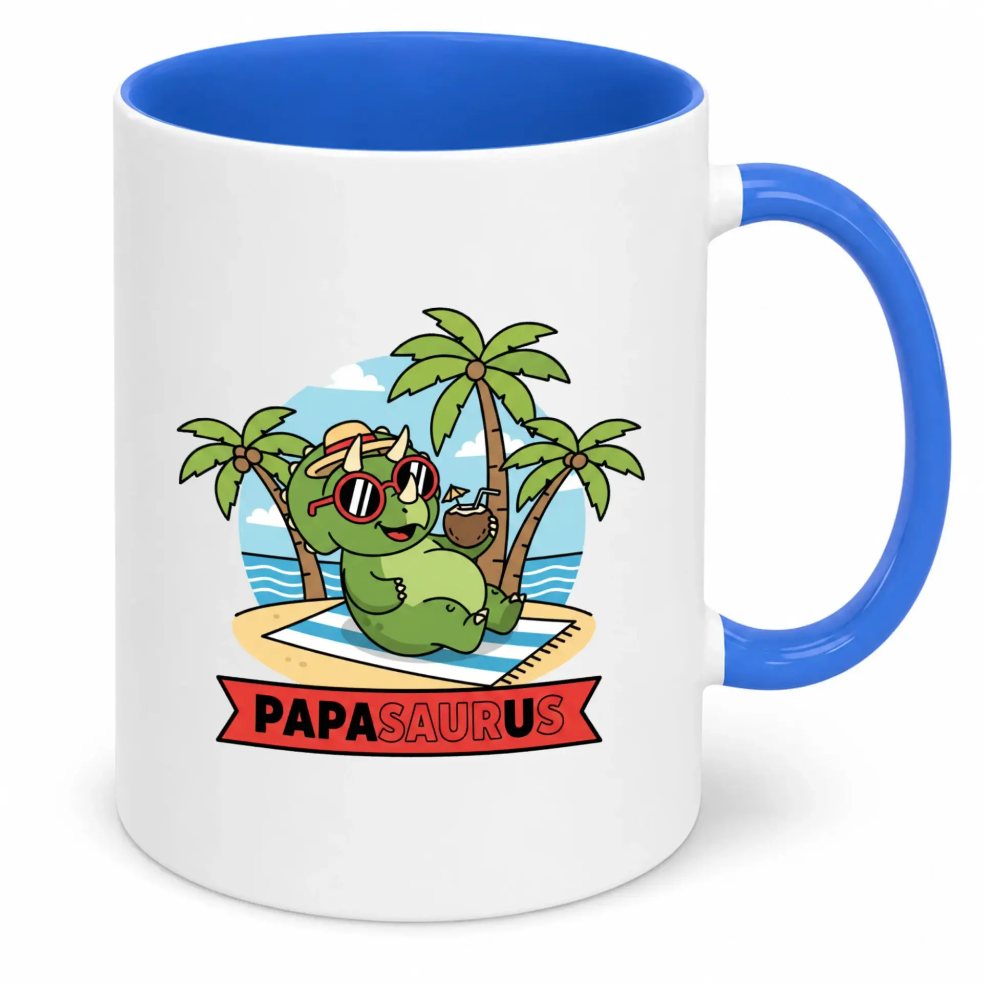 Funny Papasaurus Dinosaur Ceramic Coffee Mug for Dads, Unique Summer Beach Theme Drinkware Gift for Fathers, 11oz or 15oz