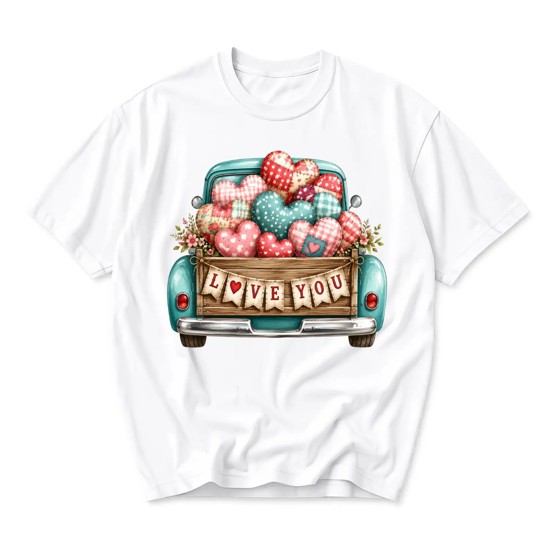 Graphic Tee Love You Vintage Truck Hearts Print Unisex Short Sleeve Crew Neck Cotton Casual Summer Everyday Shirt