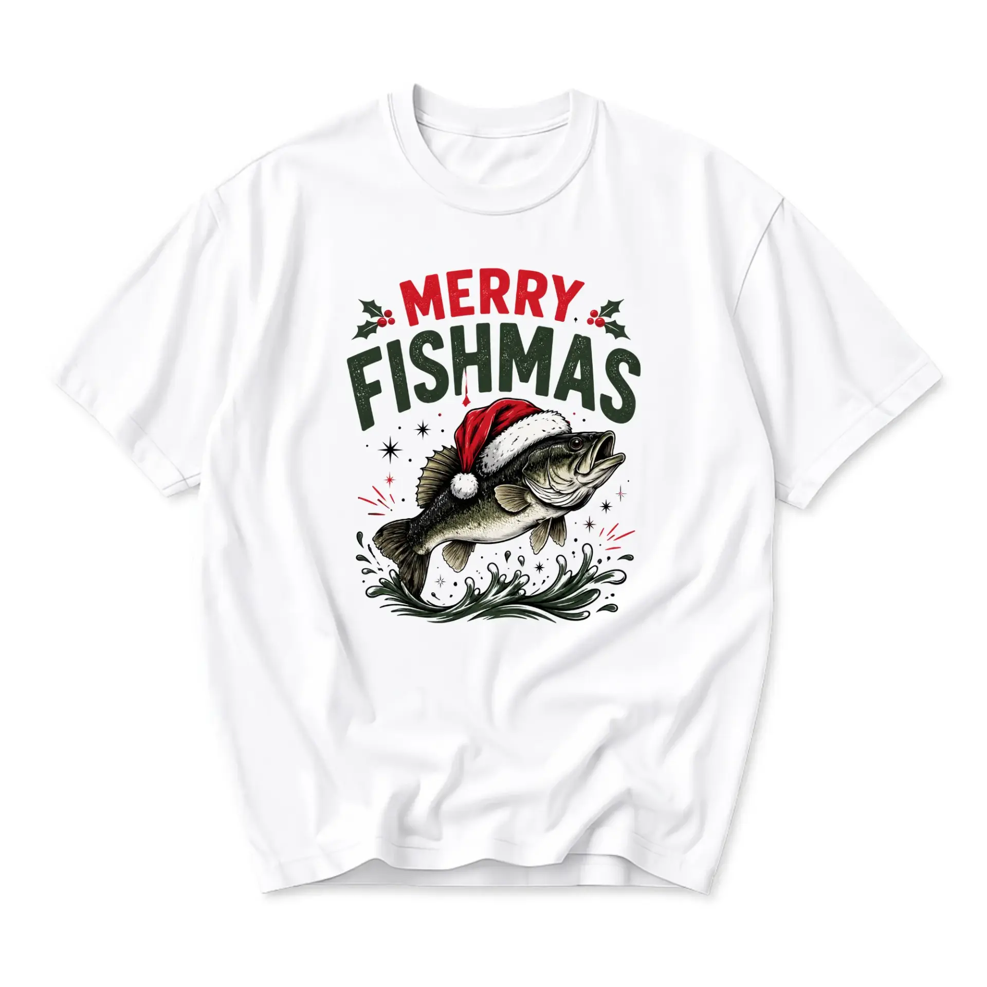 Funny Shirt Merry Fishmas Graphic Tee Holiday Fishing Lover Unisex Crew Neck Casual Cotton Blend Short Sleeve Top