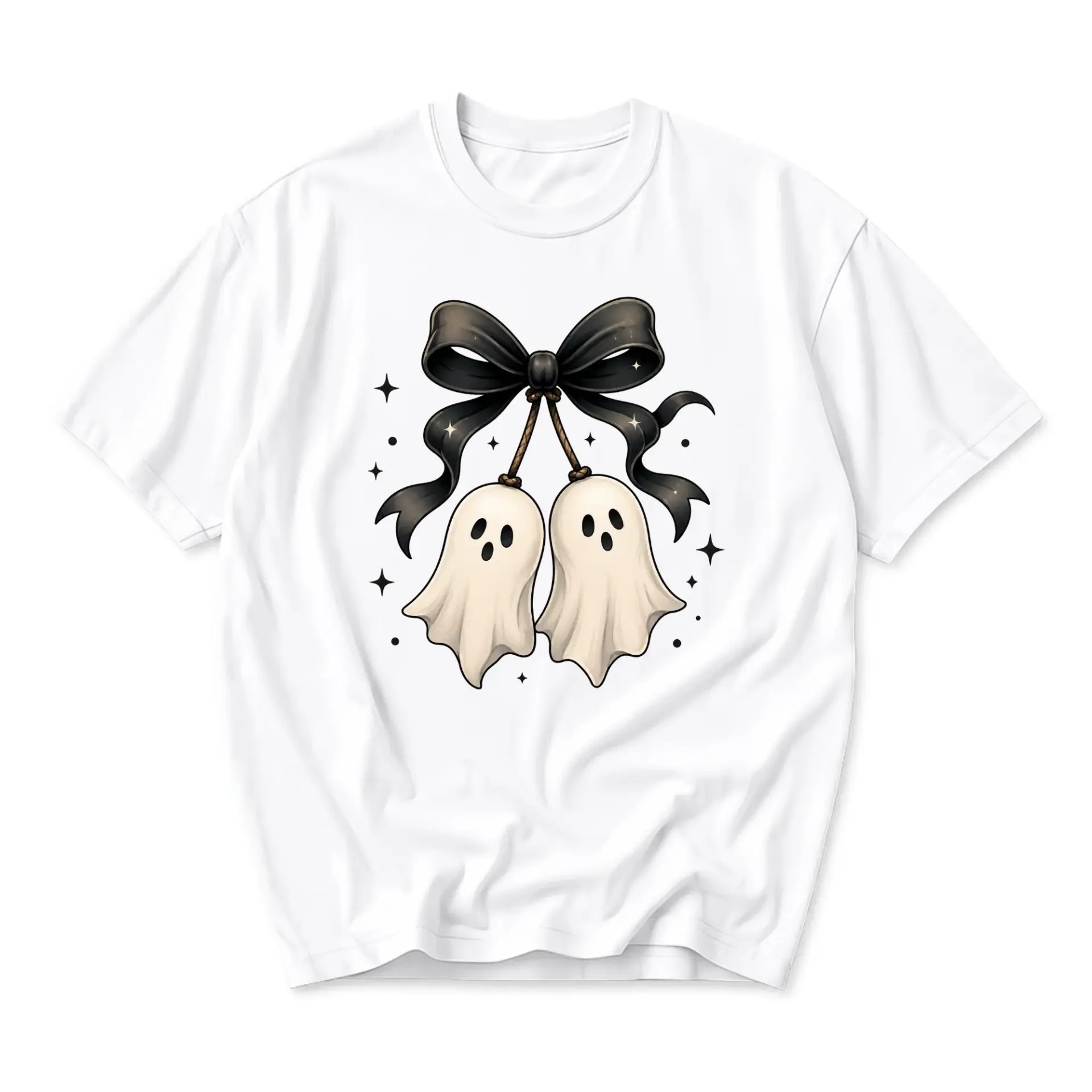 Graphic Tee Unisex Crew Neck T-Shirt Featuring Spooky Ghosts Hanging from a Black Ribbon Bow Artistic Graphic Print