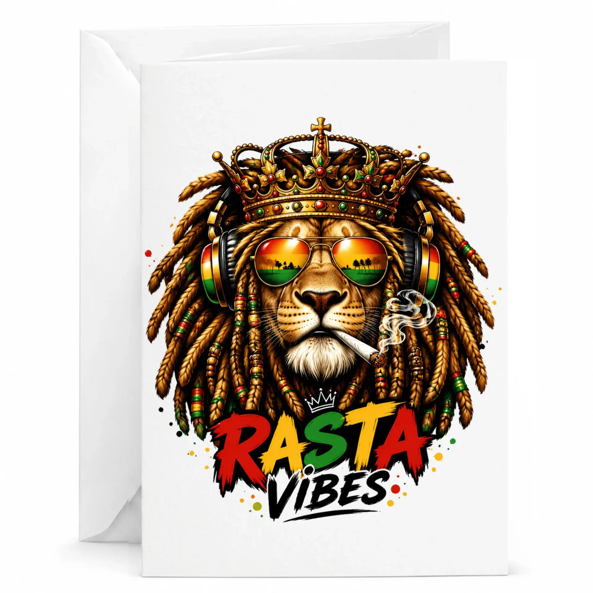 Rasta Vibes Lion Greeting Card Reggae Music Art Print with Matching Envelope for Birthday Anniversary and Celebrations