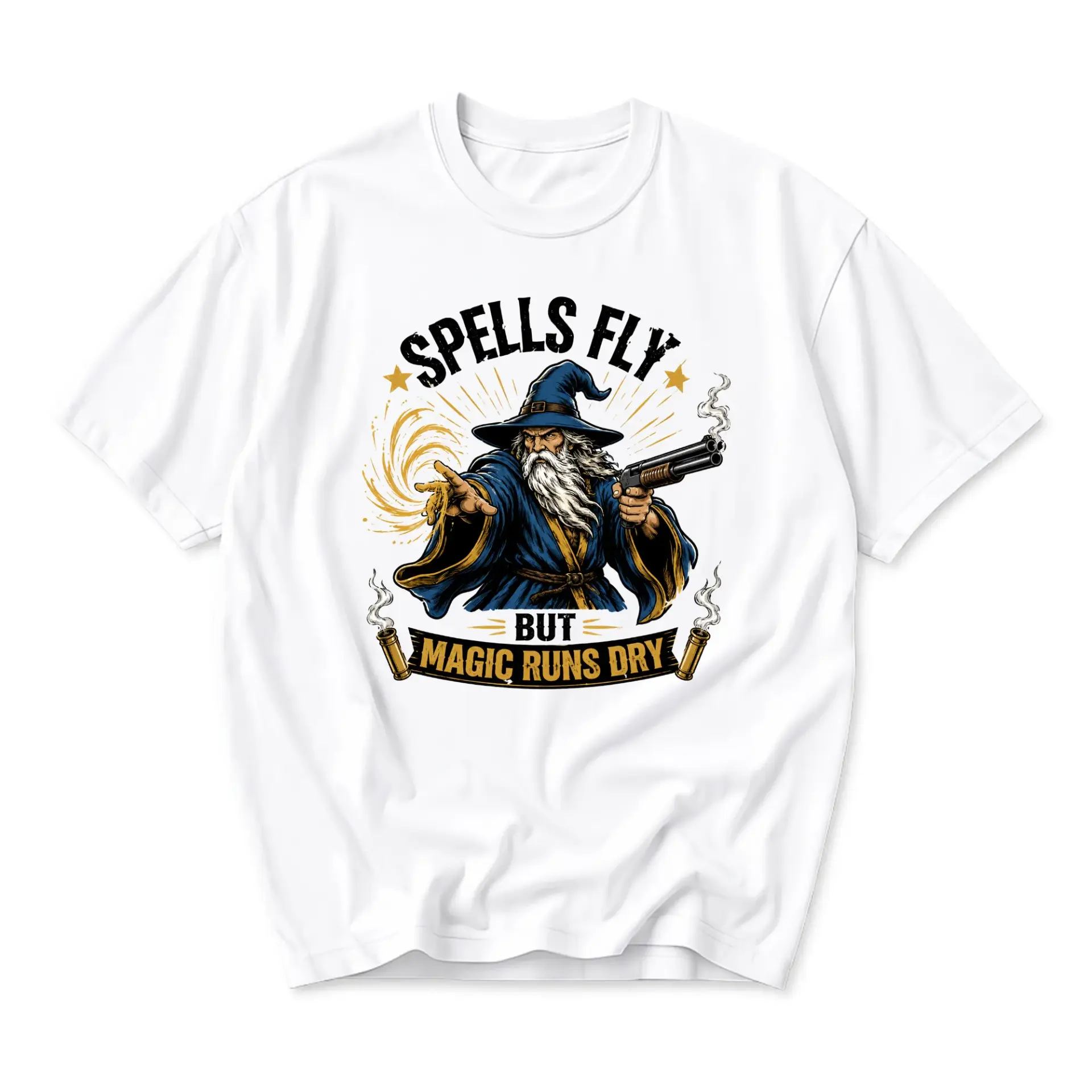 Funny Shirt Spells Fly but Magic Runs Dry Graphic Tee Wizard with Shotgun Fantasy Illustration Unisex Crew Neck