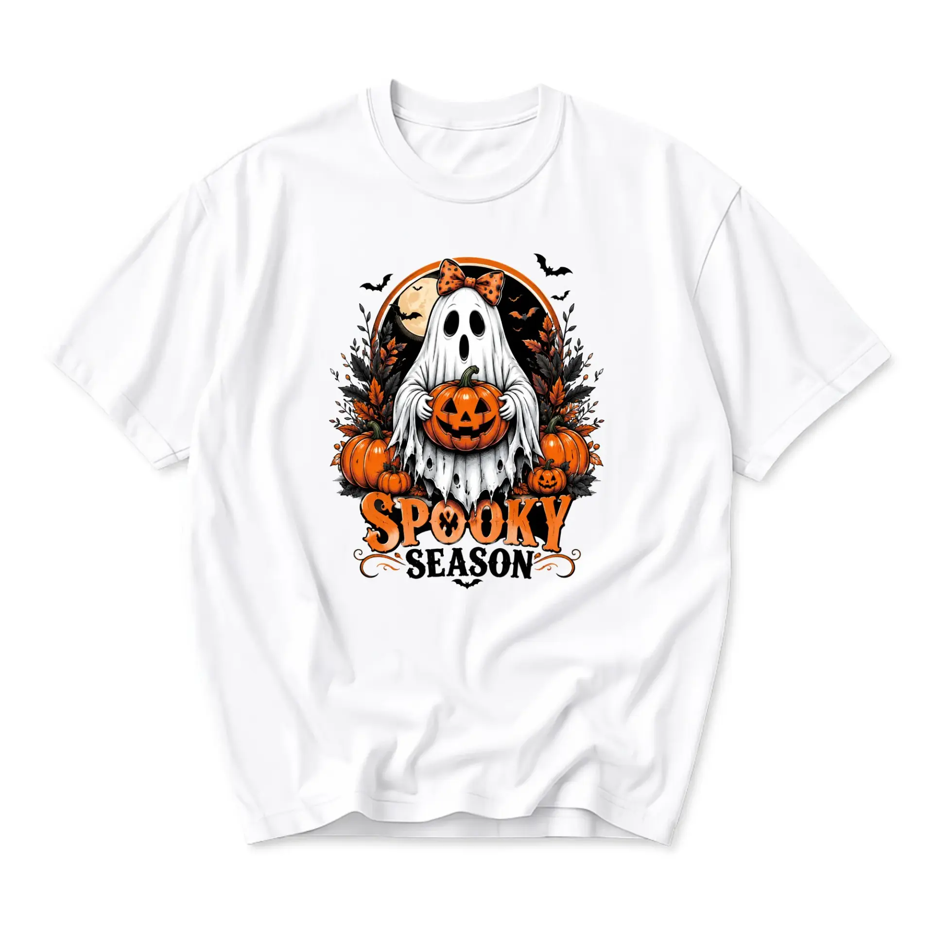 T-shirt Spooky Season Graphic Tee Cute Ghost Holding Pumpkin Design Fall Autumn Halloween Holiday Casual Unisex Shirt