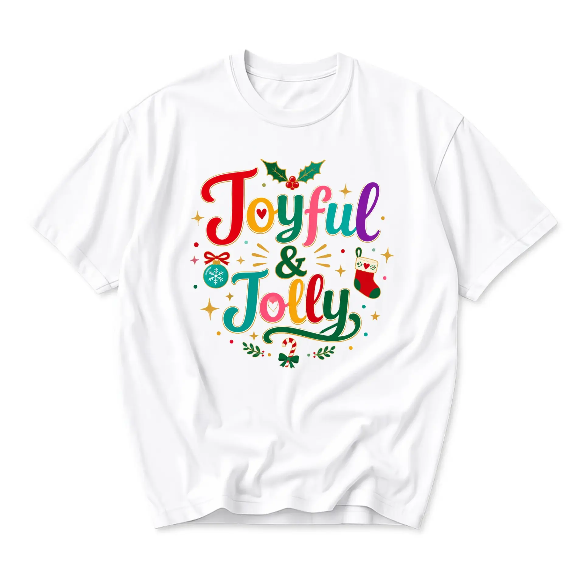 T-shirt Joyful and Jolly Holiday Graphic Tee Festive Seasonal Winter Unisex Cotton Crew Neck Casual Short Sleeve Top