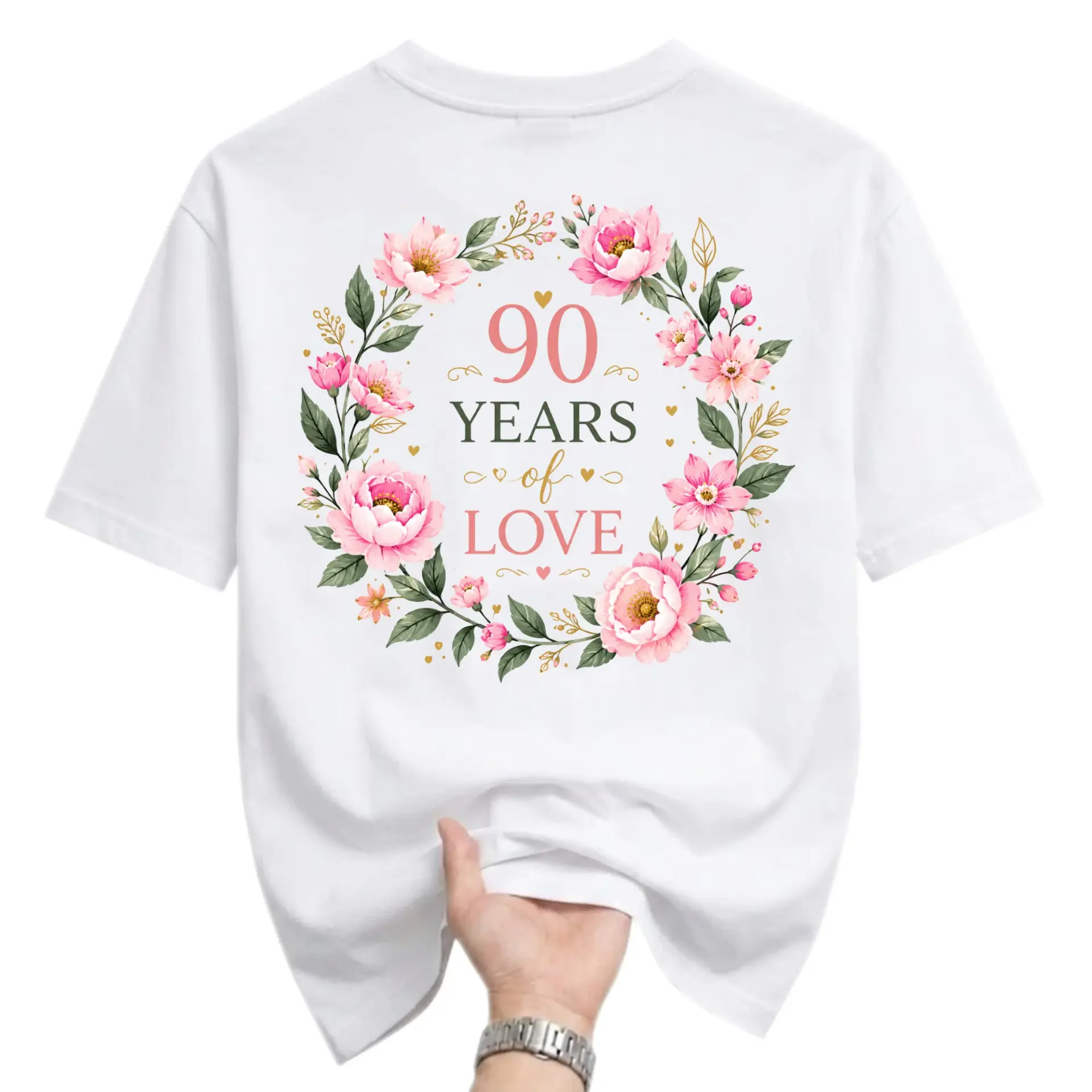 Graphic Tee 90 Years of Love Floral Anniversary Unisex T-Shirt Celebrating Birthday Gift Casual Apparel