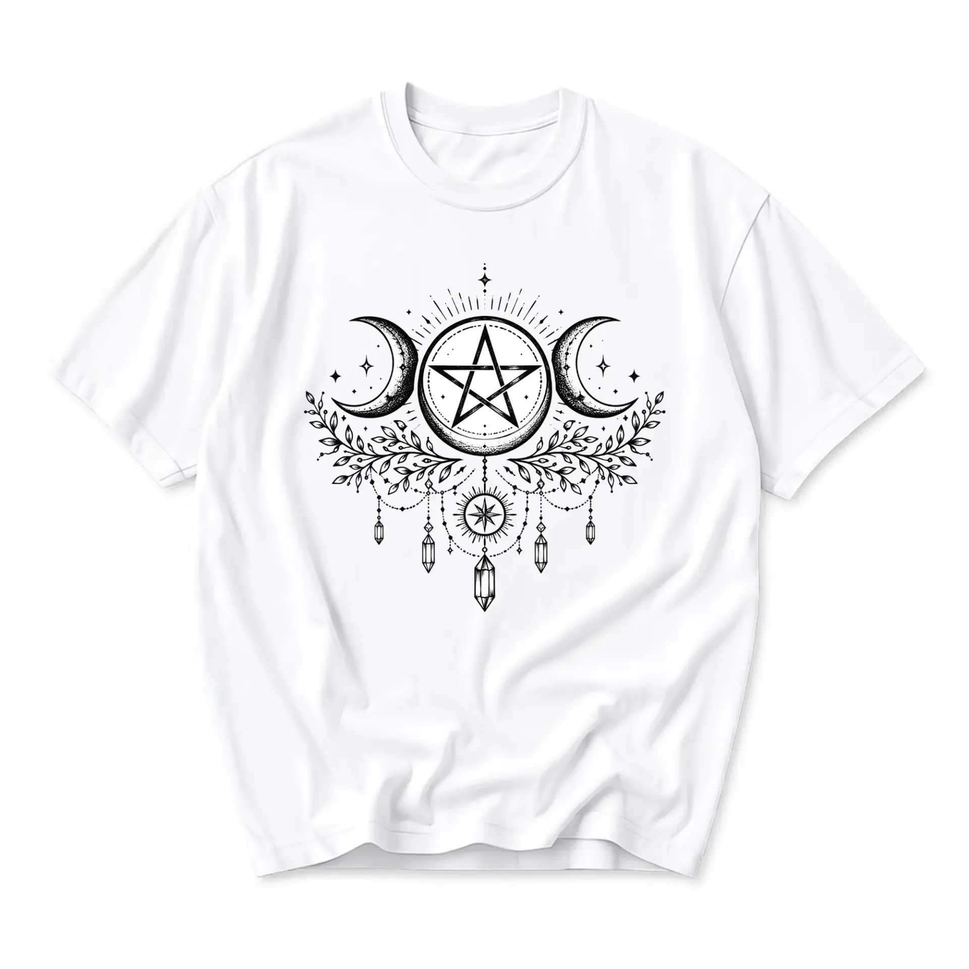 Graphic Tee Unisex Celestial Pentagram Moon Illustration T-Shirt Comfortable Cotton Casual Everyday Apparel White