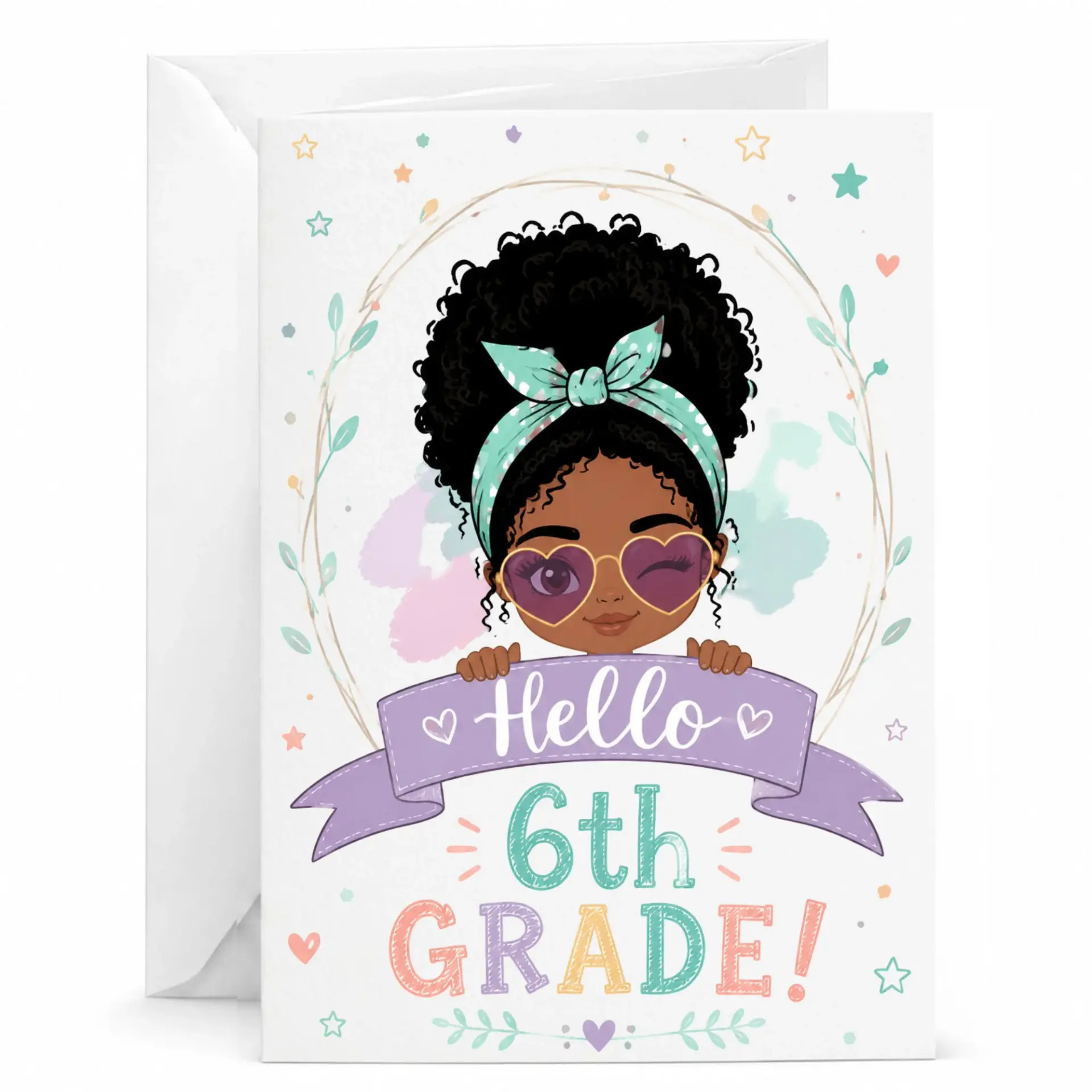 Greeting Card Hello 6th Illustration Featuring Cheerful Girl in Heart Sunglasses for Milestone