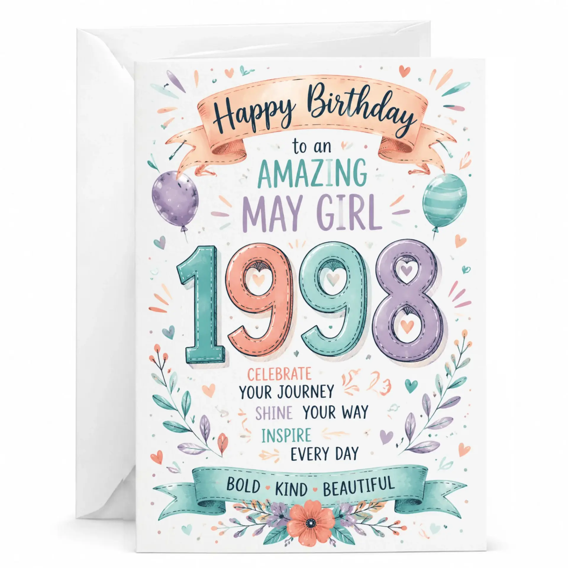 Birthday Card for Amazing May Girl Born in 1998 Floral Design Inspirational Message Keepsake Folded Greeting Card