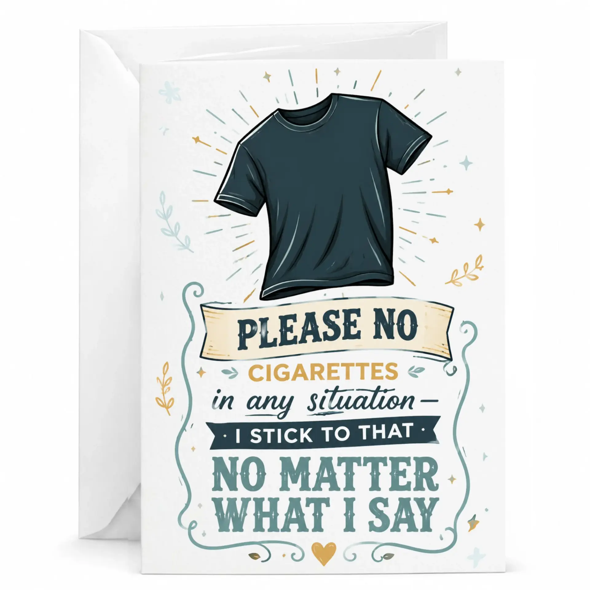 Funny Greeting Card with T-Shirt Illustration and Humorous Quitting Smoking Message for Friends and Coworkers
