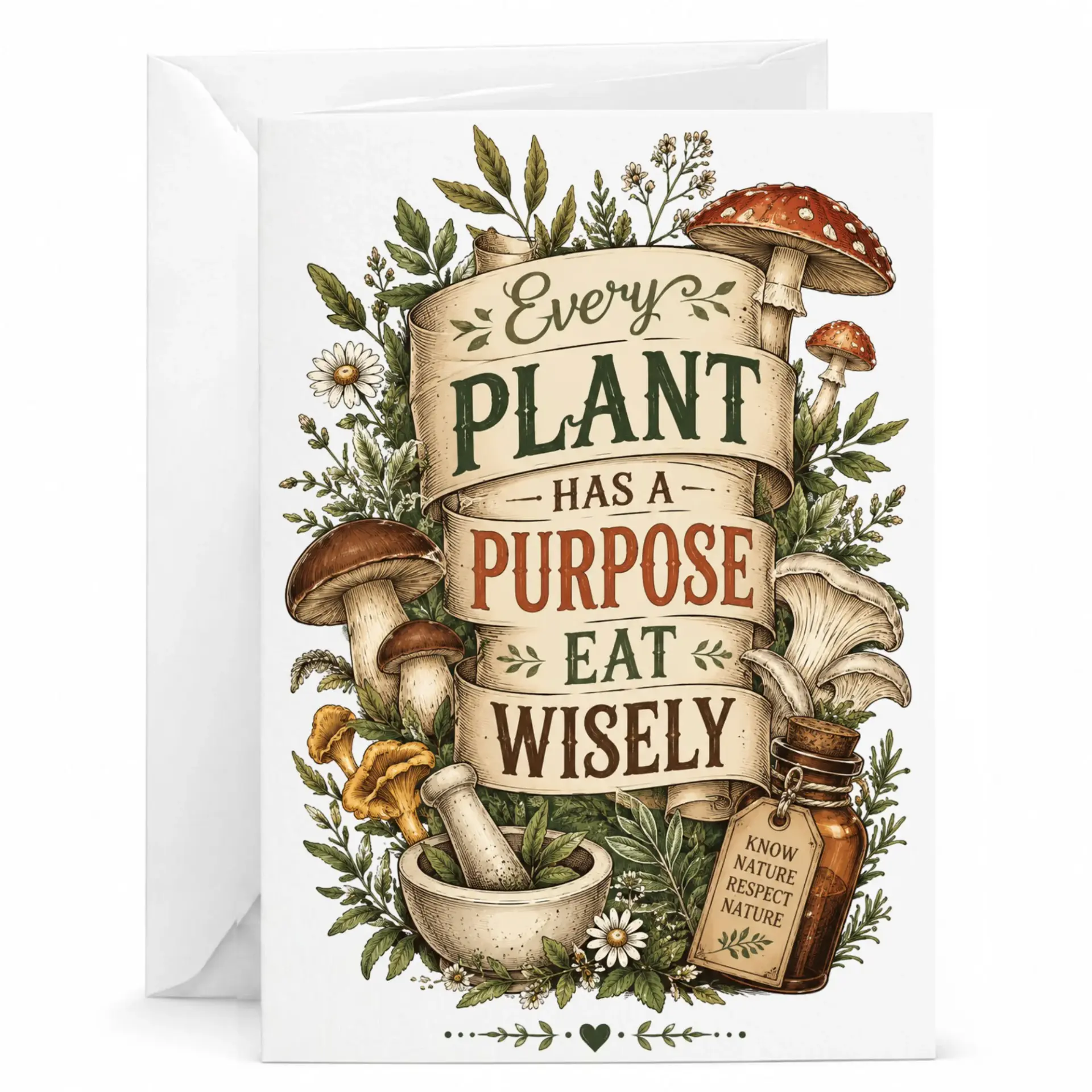 Every Plant Has a Purpose Eat Wisely Greeting Card Foraging Enthusiast Stationery Nature Illustration Art