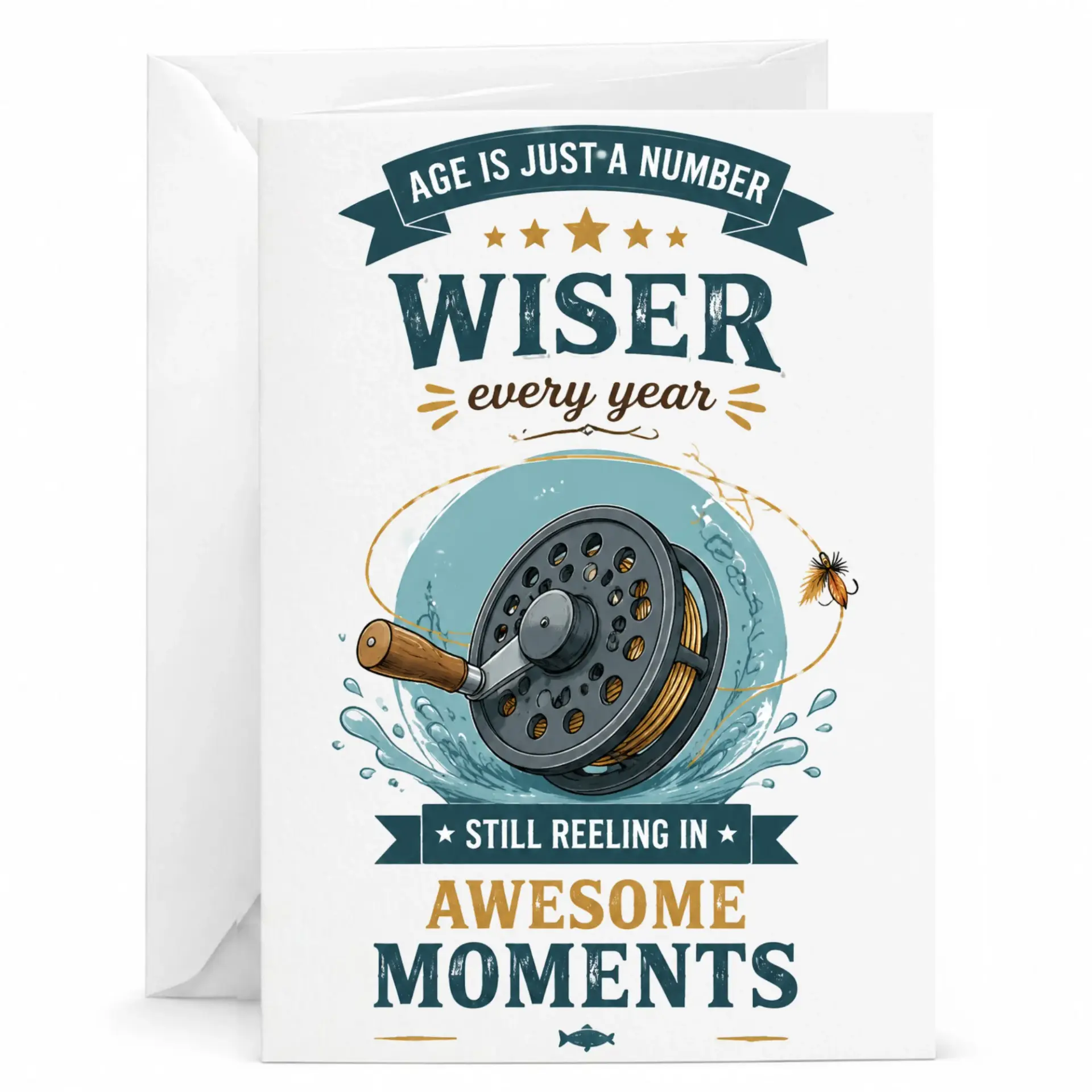 Funny Fishing Themed Greeting Card Age Is Just a Number Wiser Every Year Birthday Card for Outdoors Enthusiasts