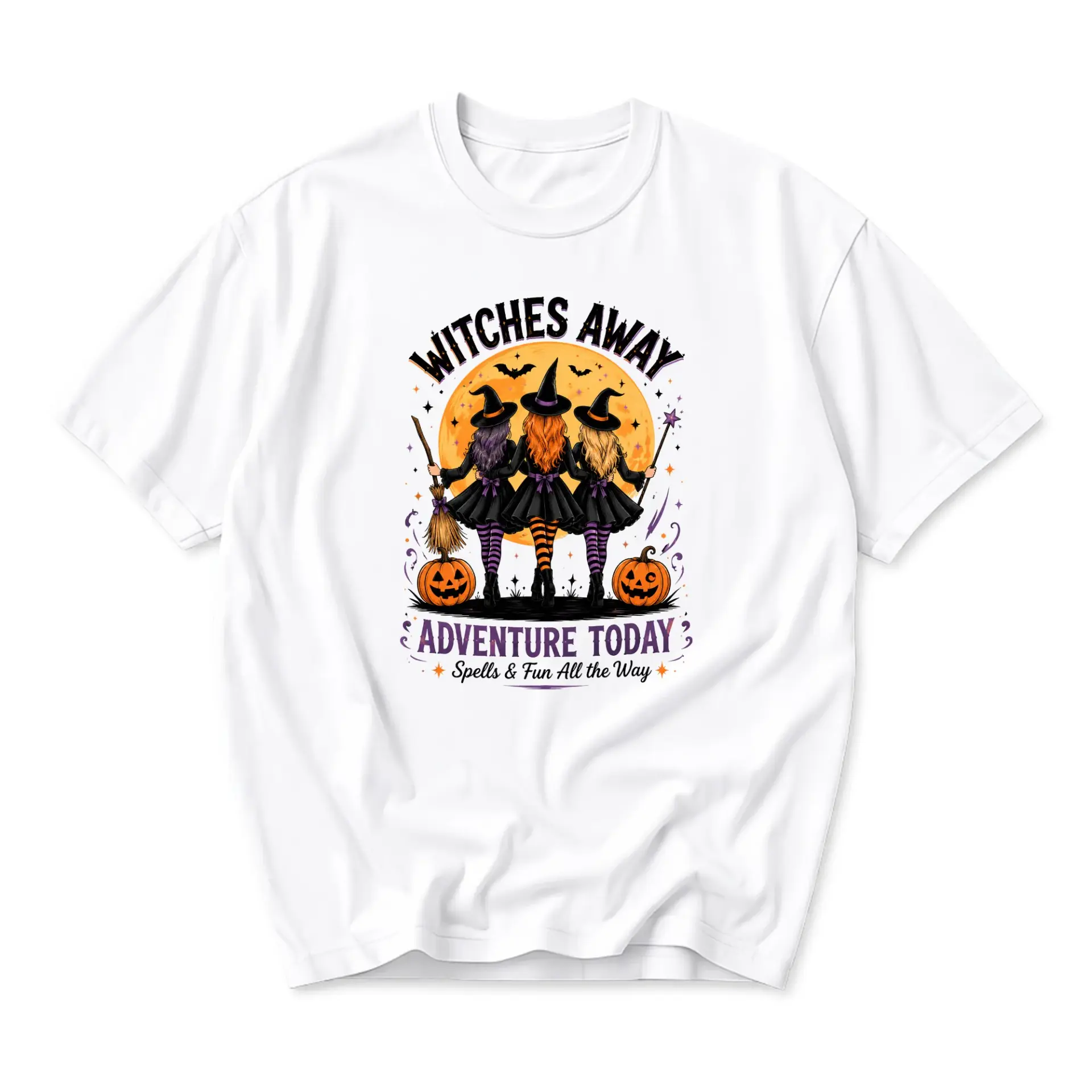 Graphic Tee Witches Away Adventure Today Spells and Fun Unisex Crew Neck T-Shirt for Halloween Holiday Casual Wear