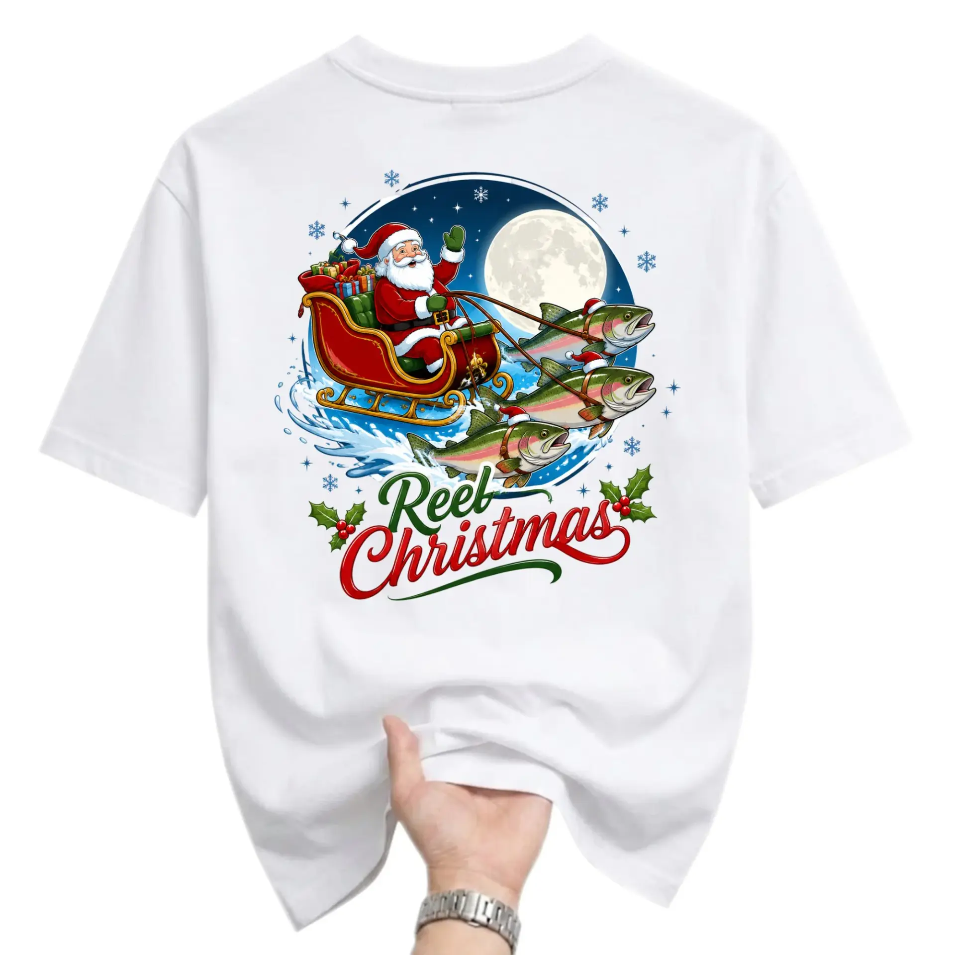Funny Shirt Reel Christmas Fishing Santa Graphic Tee Holiday Season Unisex Crew Neck Casual Cotton Blend Apparel