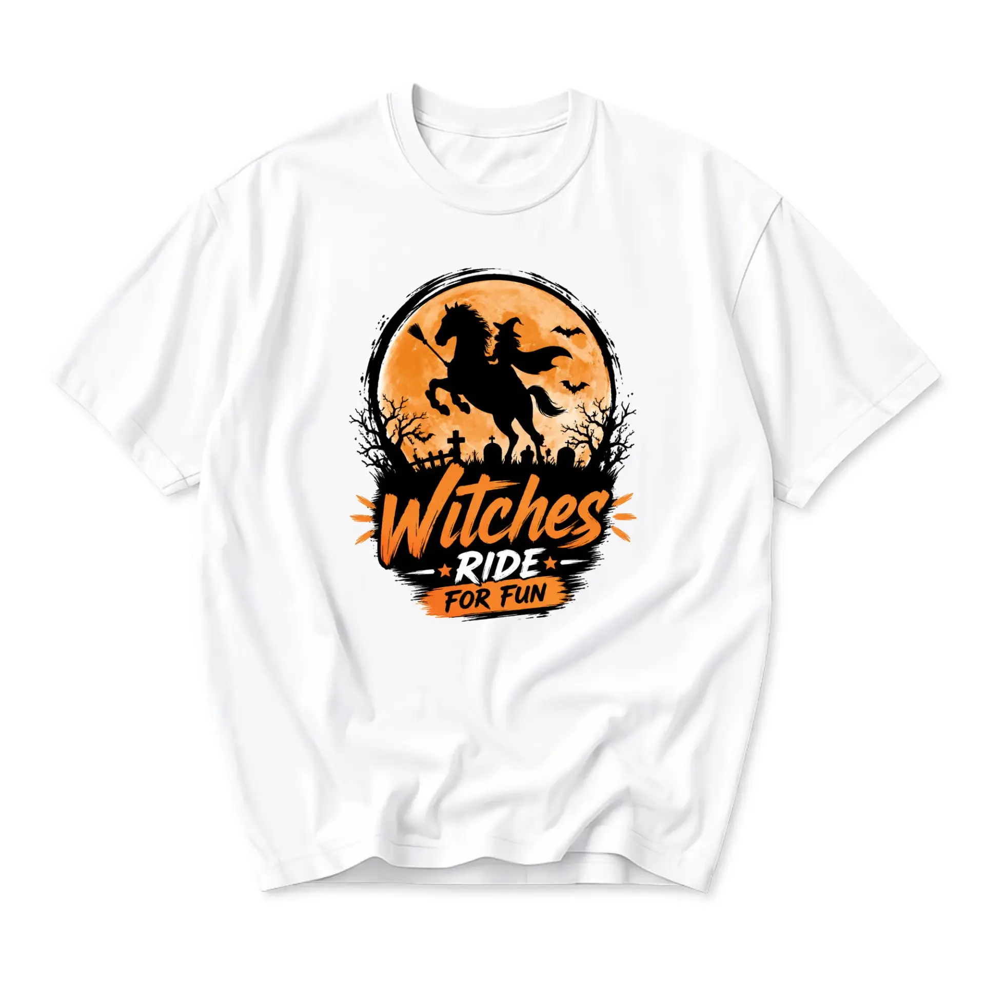 Graphic Tee Witches Ride for Fun Shirt Spooky Halloween Apparel Seasonal Holiday Crew Neck Cotton Blend Top