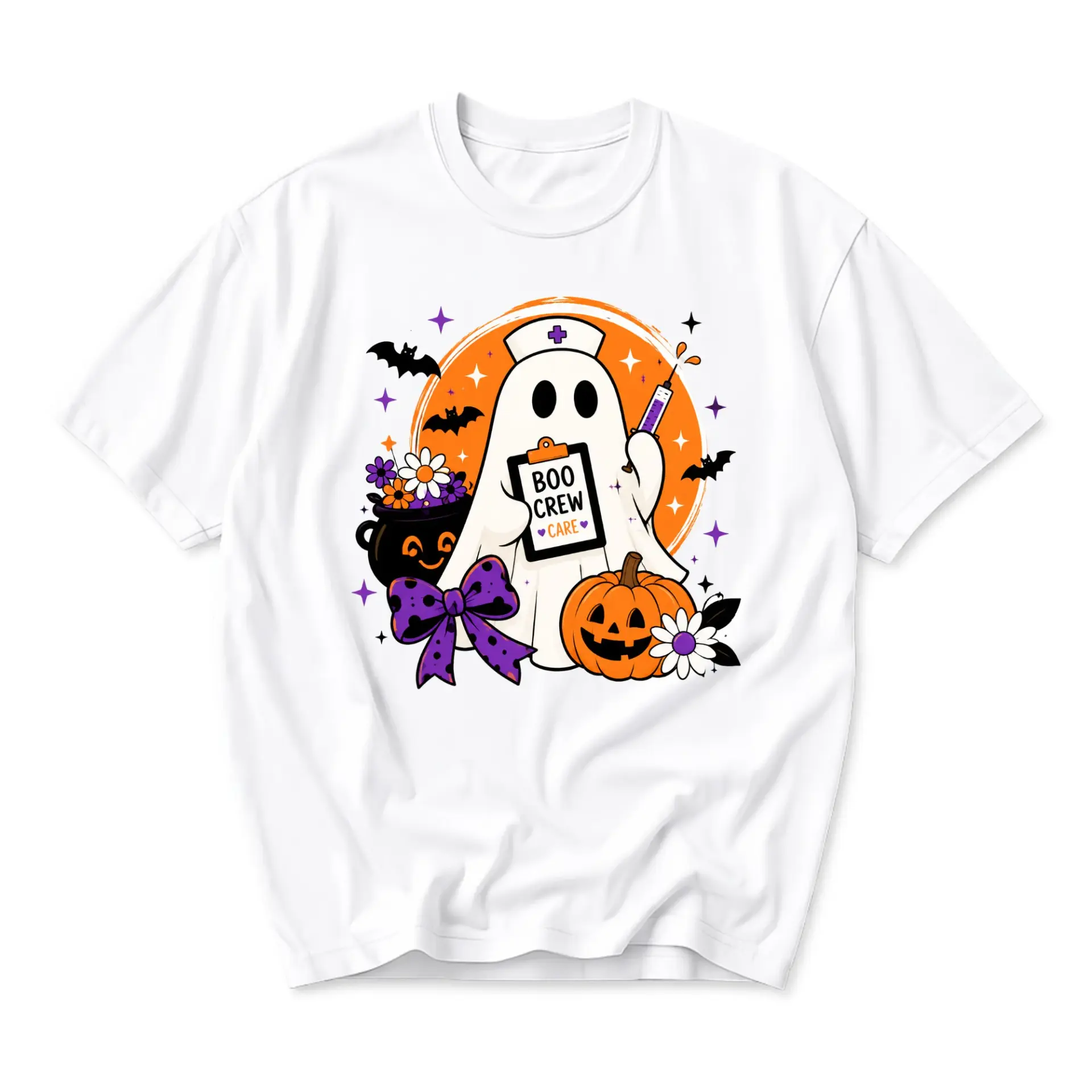 Funny Shirt Boo Crew Nurse Halloween Graphic Tee Unisex Crew Neck Short Sleeve Casual Wear Holiday Apparel White