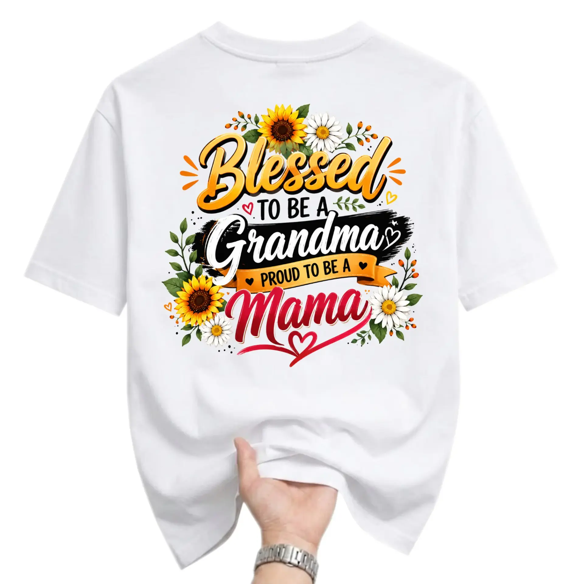 Graphic Tee Blessed to Be a Grandma Proud to Be a Mama Floral Sunflower Design Unisex Crew Neck Everyday T-Shirt