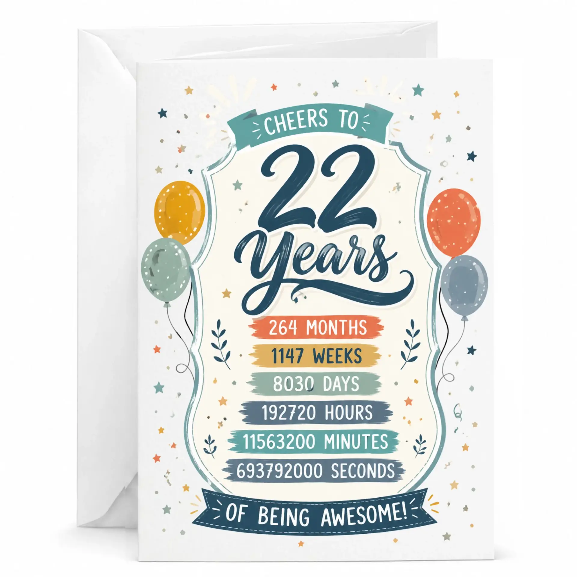 Birthday Card for 22nd Birthday Celebration Cheers to 22 Years Milestone Greeting Card with Included Envelope