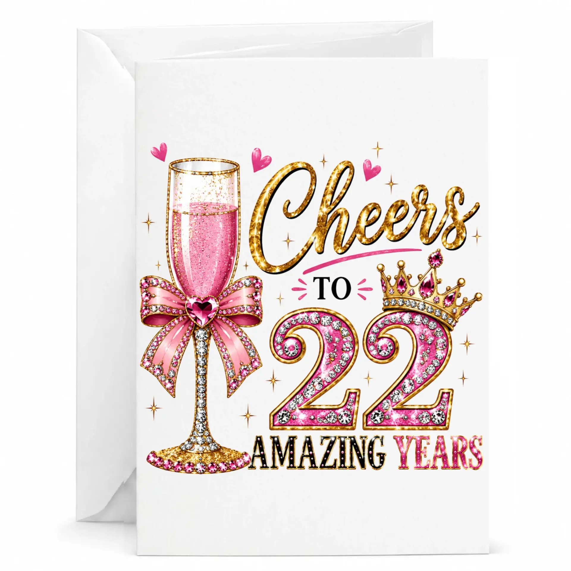 Birthday Card Cheers to 22 Amazing Years Decorative Pink and Gold Champagne Flute Illustration Greeting Card
