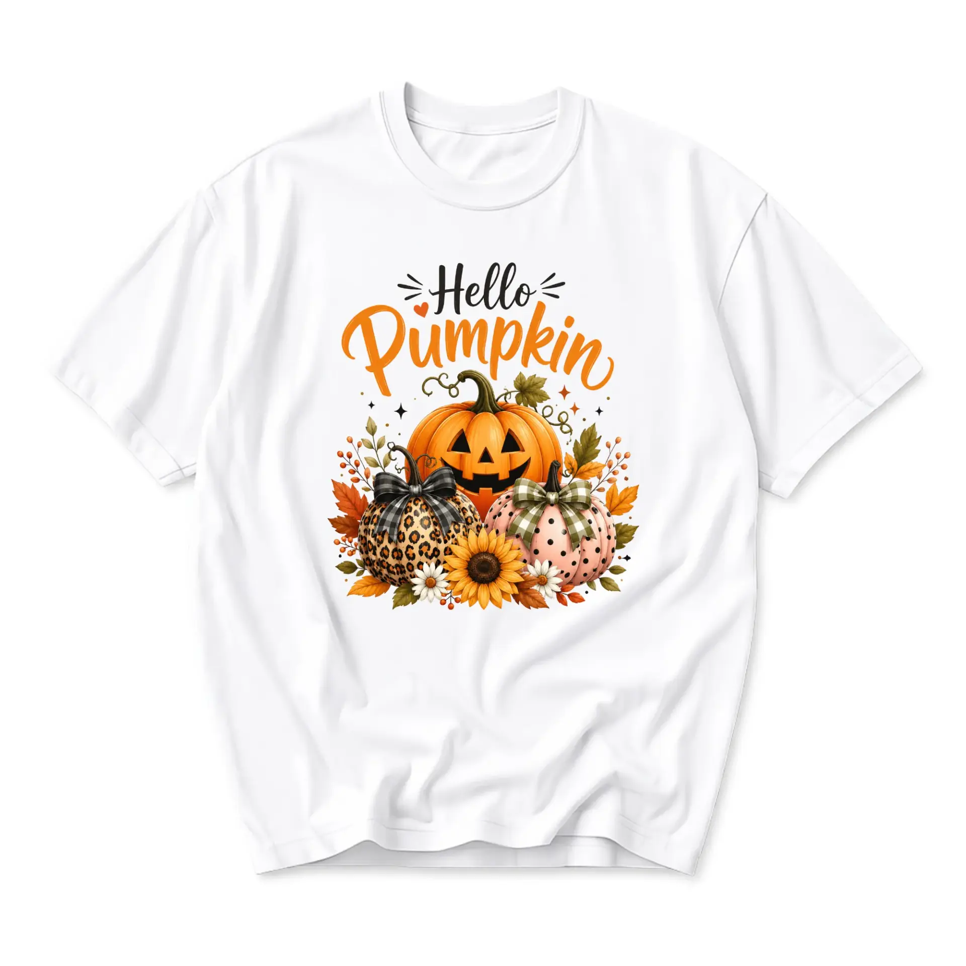 Graphic Tee Hello Pumpkin Fall Season Autumn Inspired Unisex Crew Neck Casual Everyday Short Sleeve Shirt White