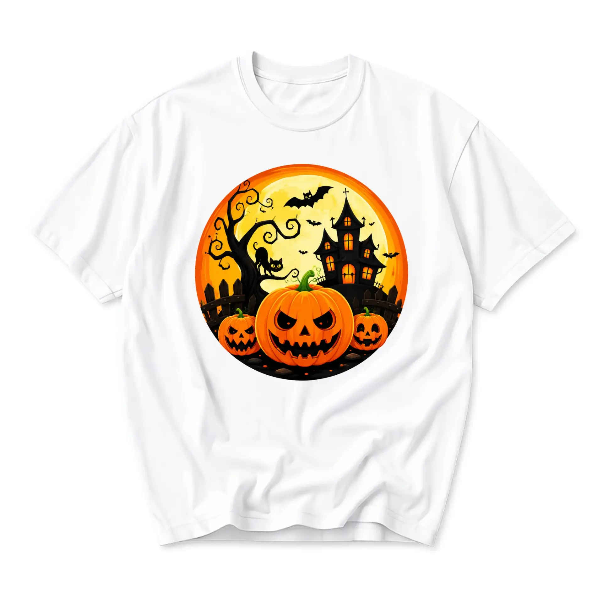 Graphic Tee Halloween Pumpkin Haunted House Art Unisex Crew Neck T-Shirt Short Sleeve Casual Autumn Apparel