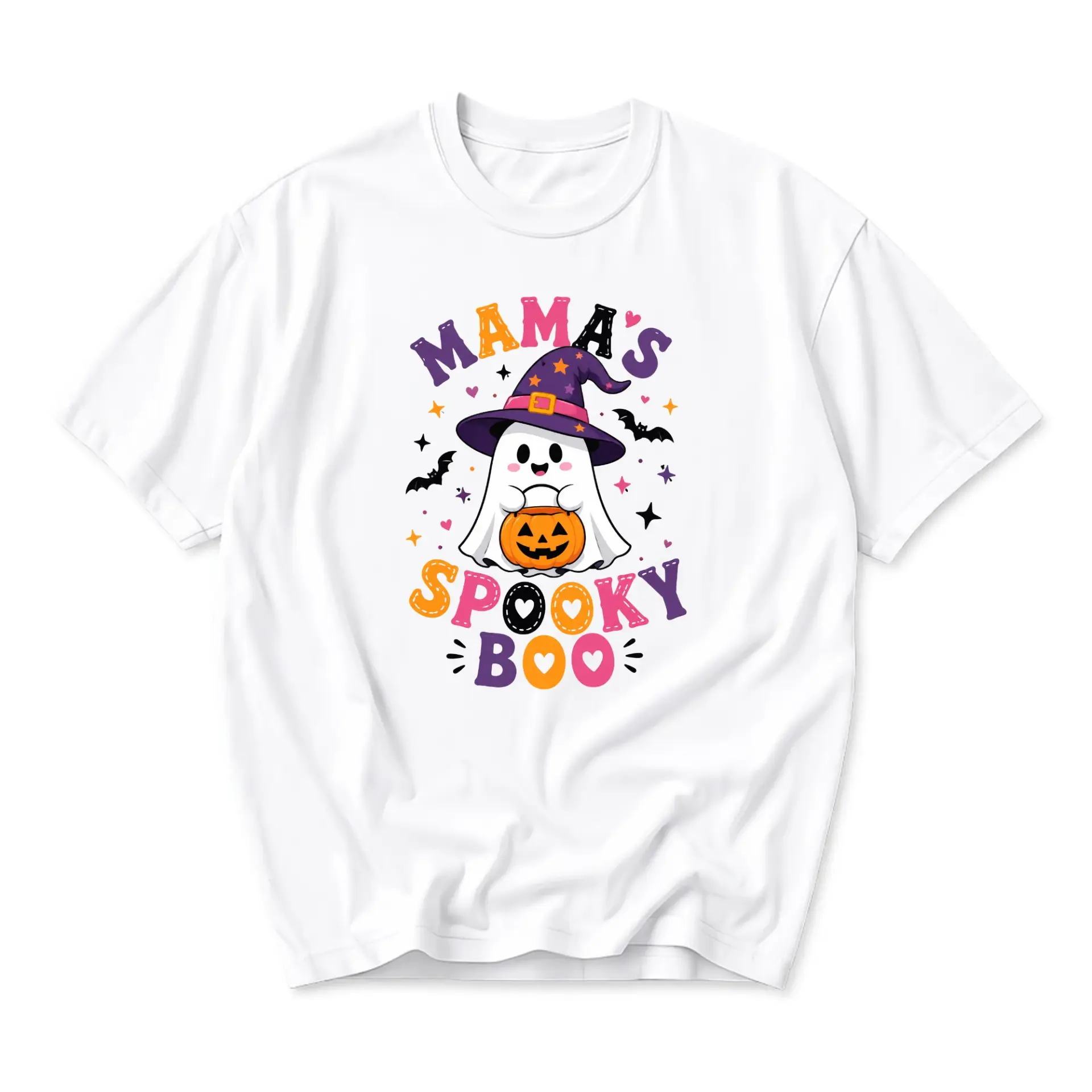 Graphic Tee Mama's Spooky Boo Halloween T-Shirt Cute Ghost Wearing Witch Hat Design Seasonal Cotton Blend Apparel