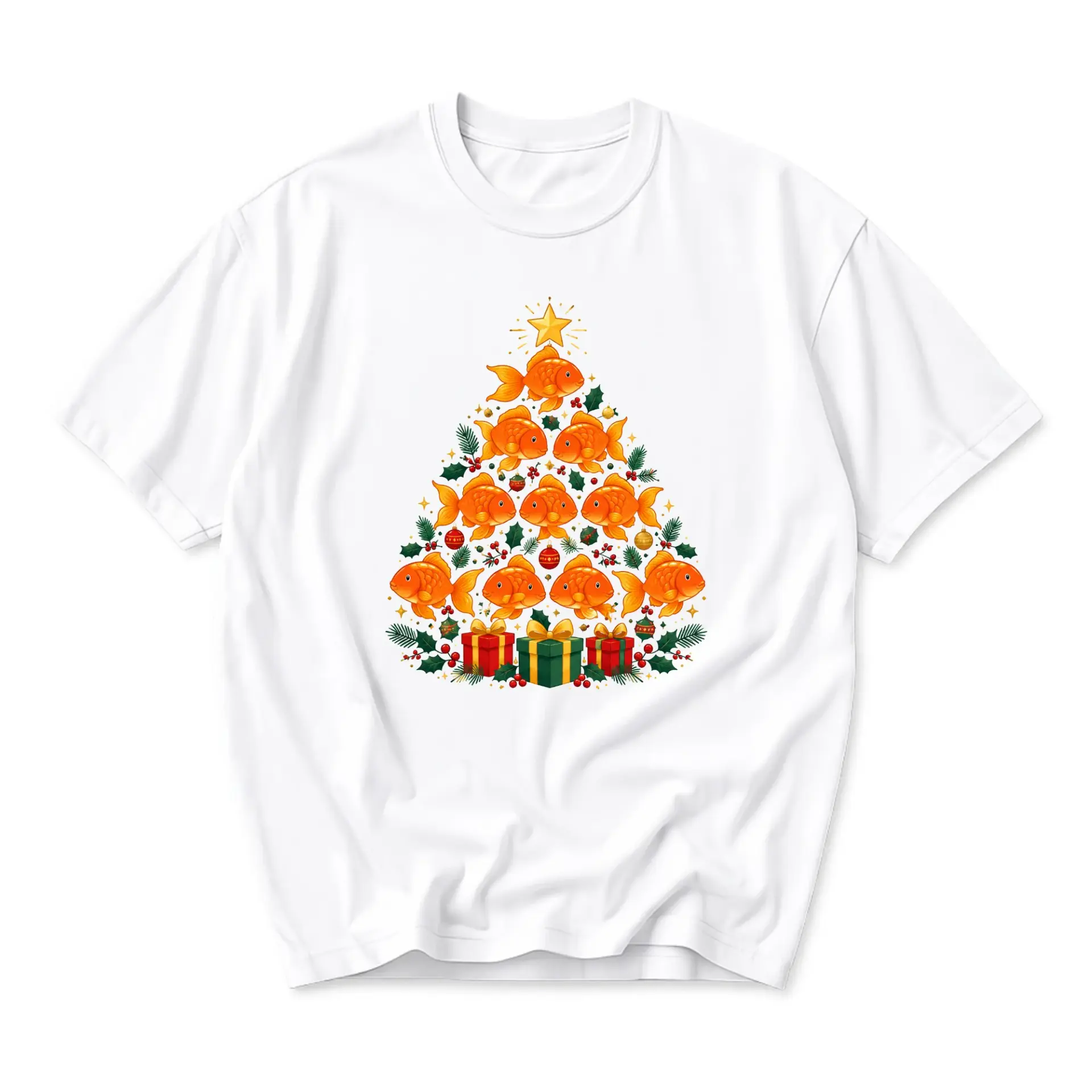 Graphic Tee Goldfish Christmas Tree Illustration Unisex Short Sleeve Crew