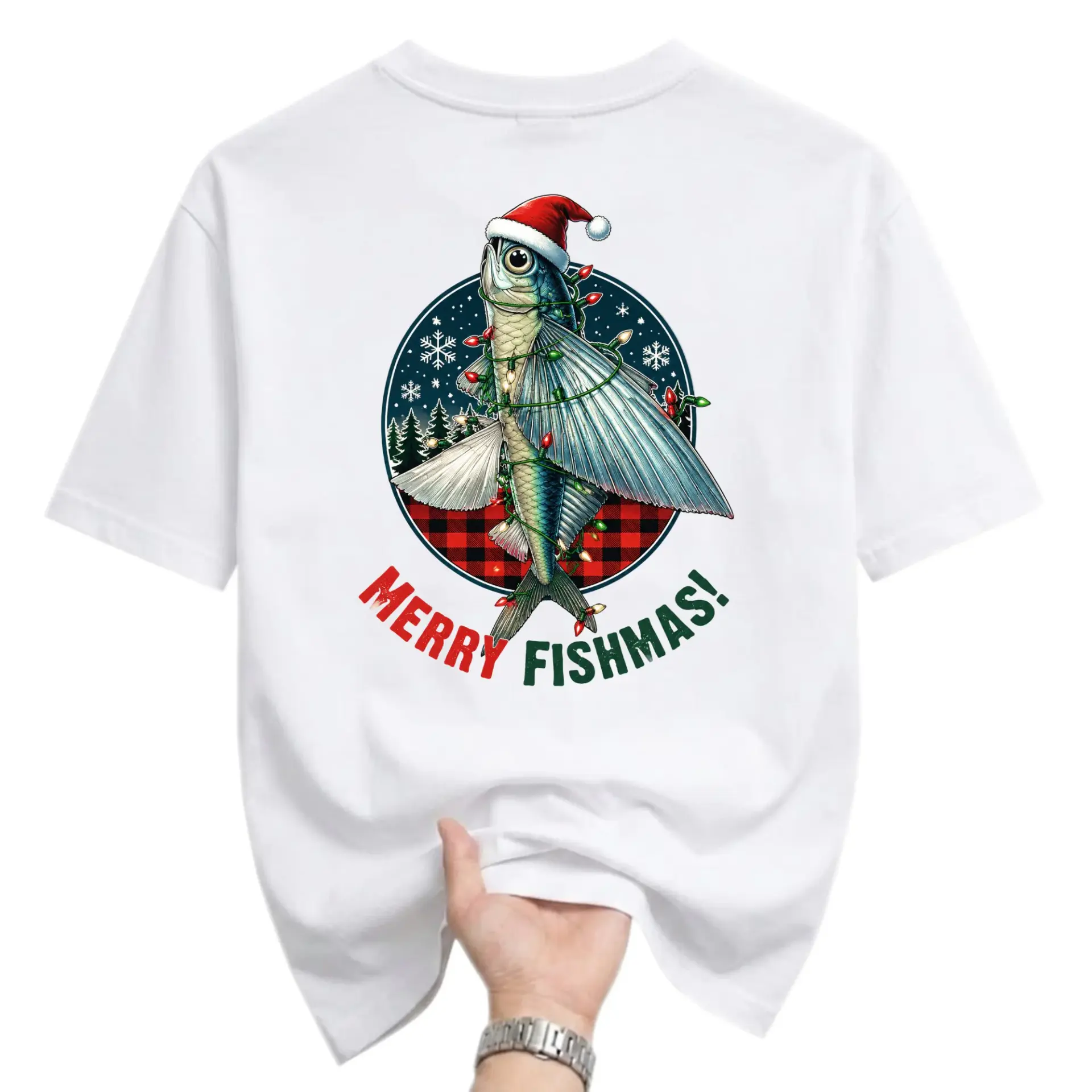 Funny Shirt Merry Fishmas Flying Fish Christmas Graphic Tee Holiday Season Apparel for Casual Everyday Wear