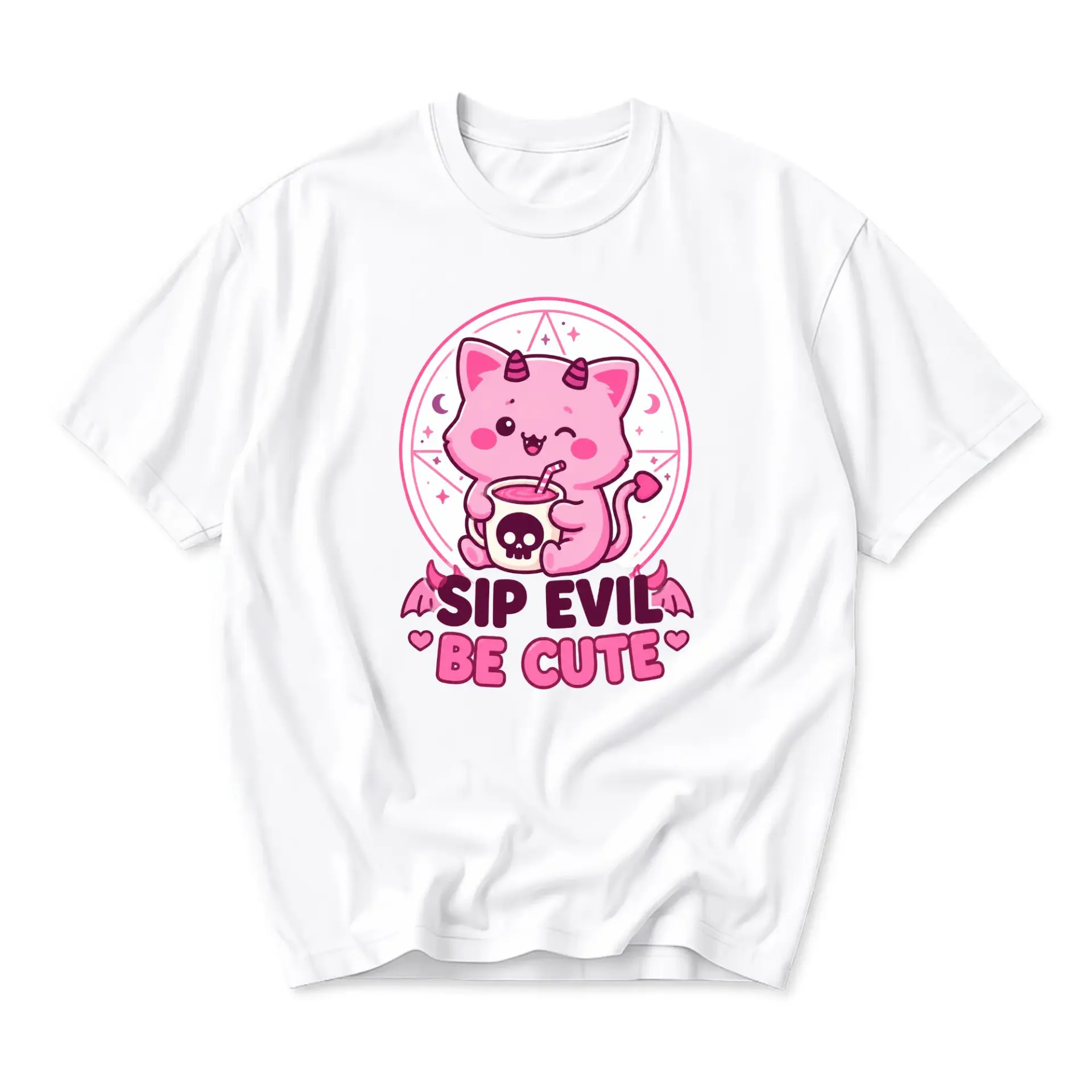Graphic Tee Sip Evil Be Cute Pastel Goth Pink Demon Cat Unisex Crew Neck Casual Everyday Short Sleeve Cotton Shirt